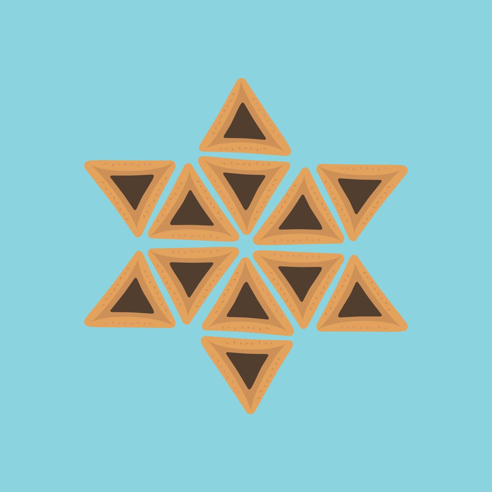 Purim holiday flat design icons of hamantashs in star of david shape with blue background. Vector eps10 illustration.