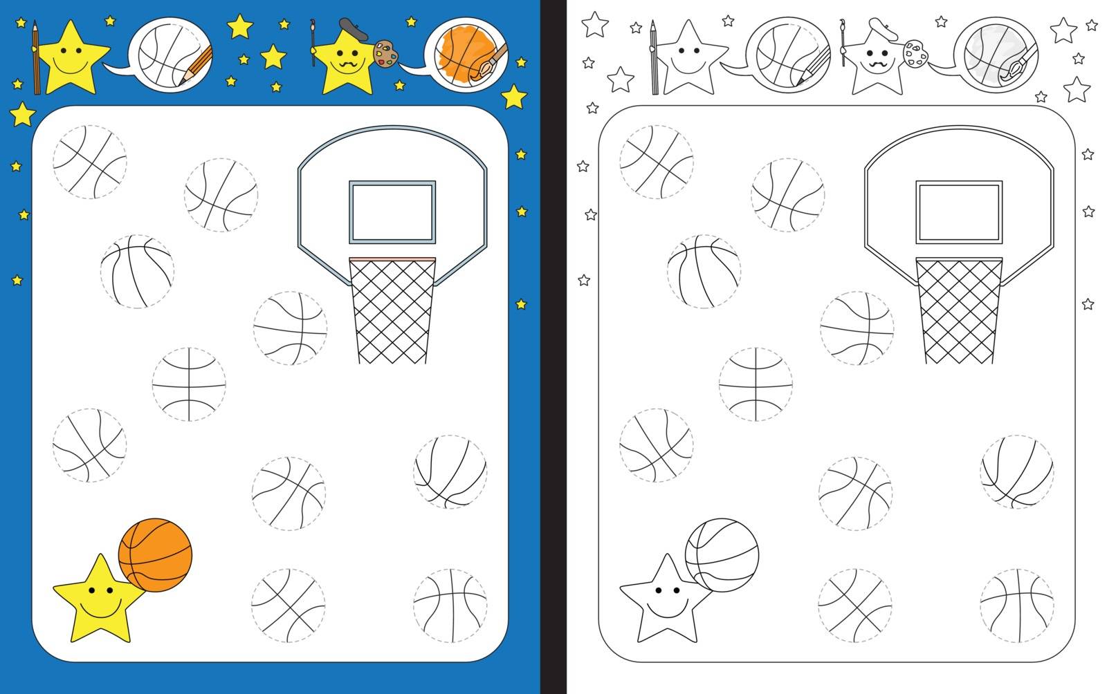 Preschool worksheet for practicing fine motor skills - tracing dashed lines - finish the illustration of basketballs