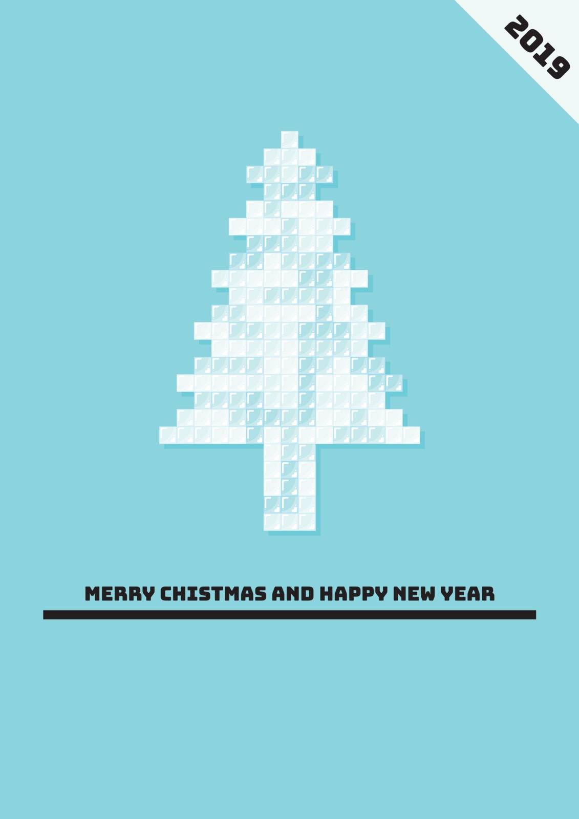Minimal design for christmas poster with christmas ornament from icy cubes. Illustration contains text Merry Christmas and Happy New Year.