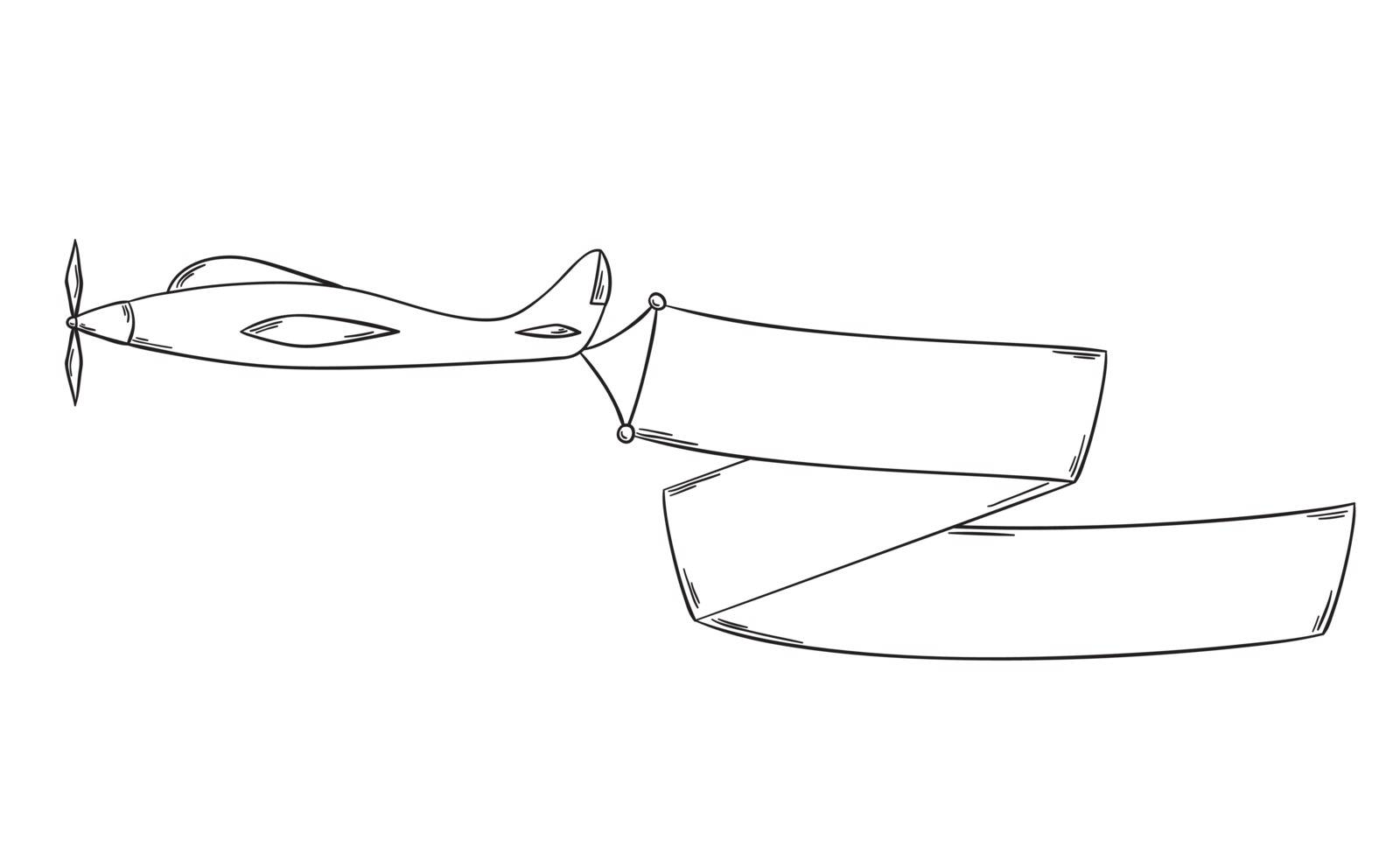 Sketch of the plane with blank advertising flag or banner isolated on white background.