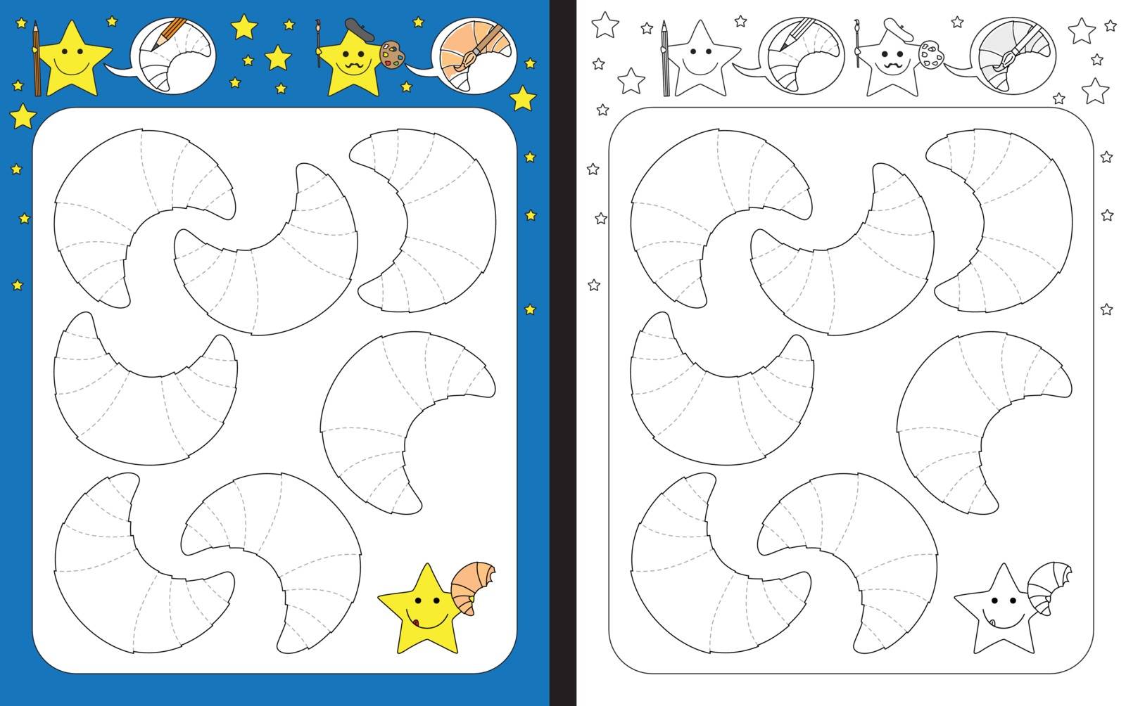 Preschool worksheet for practicing fine motor skills - tracing dashed lines of croissant folds