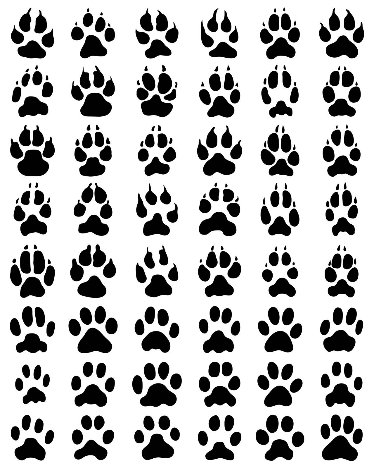 Black print of paws of dogs and cats on white background