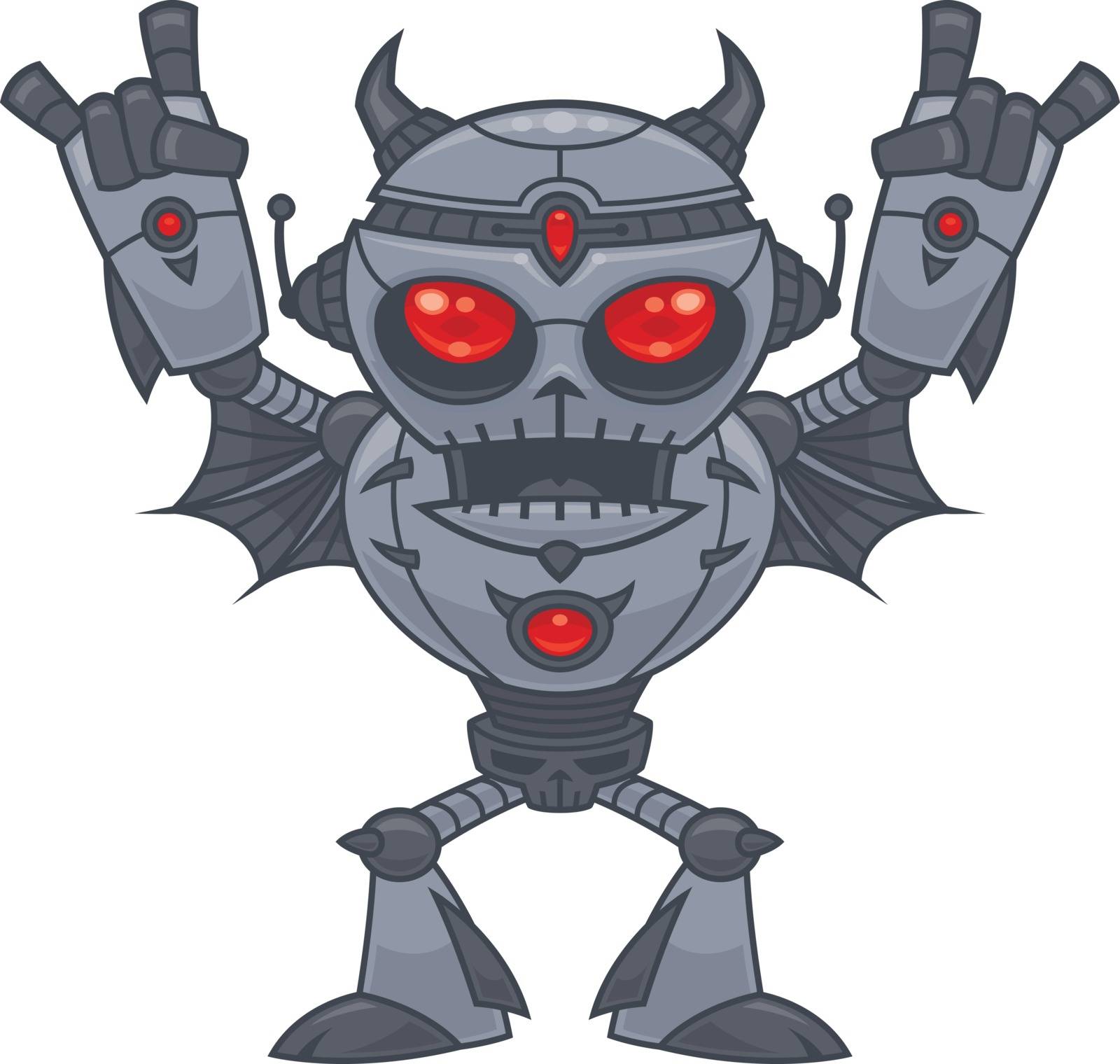 Vector cartoon illustration of a red eyed heavy metal loving robot with devil horn hand gestures.