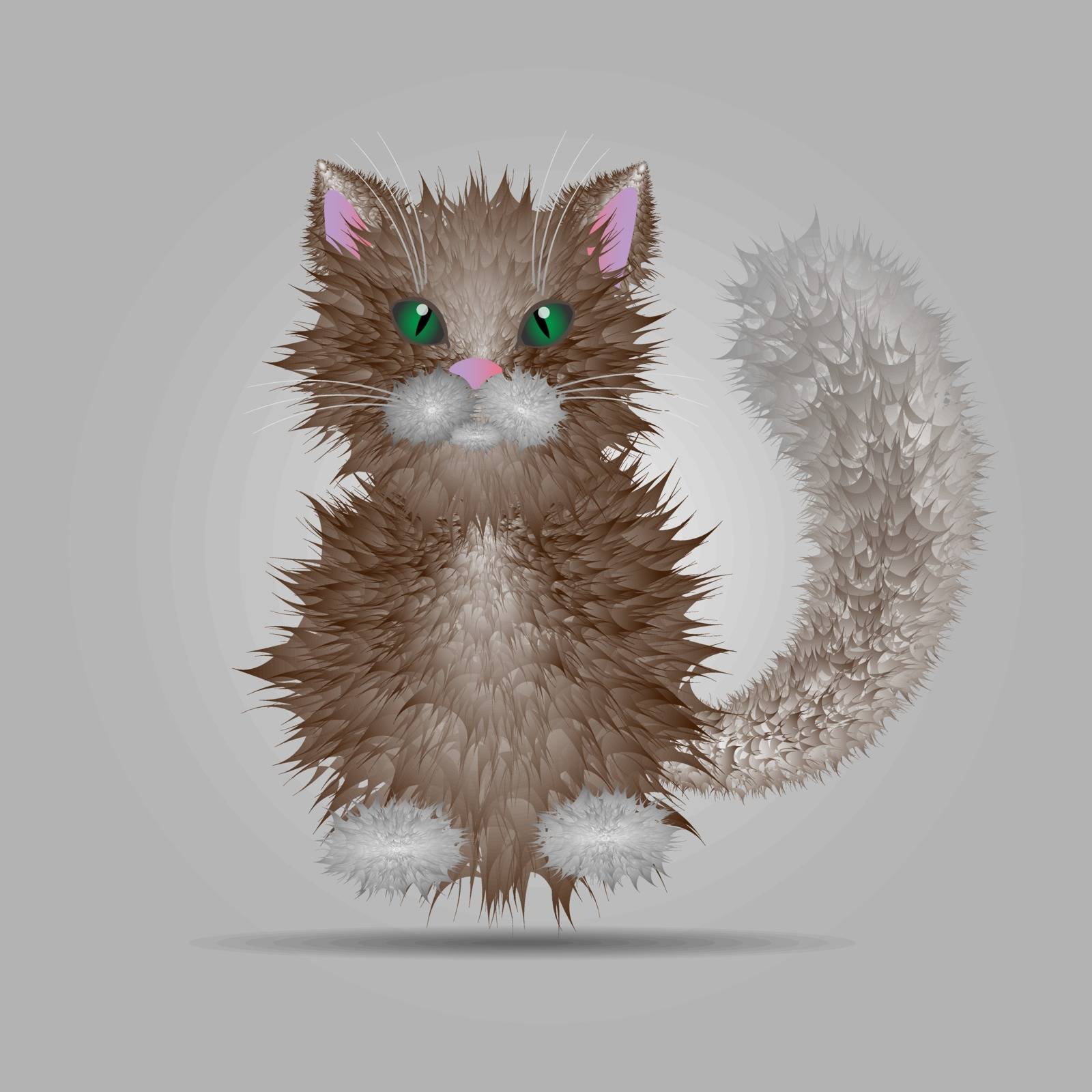 Vector illustration of a fluffy cat isolated on gray background. 10 eps