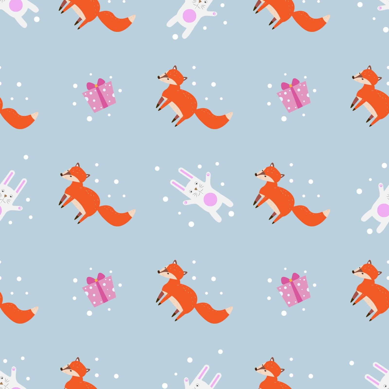 Fun print. cute seamless pattern with little foxes fox, gift and white rabbit 10 eps