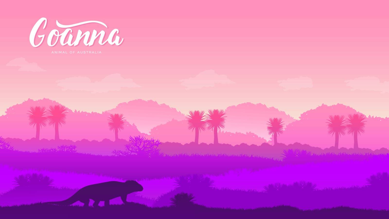  goanna hunt for prey in the desert illustration. Silhouette of a wild animal in Australia background. Landscape of mountains in the wild design concept by Linetale