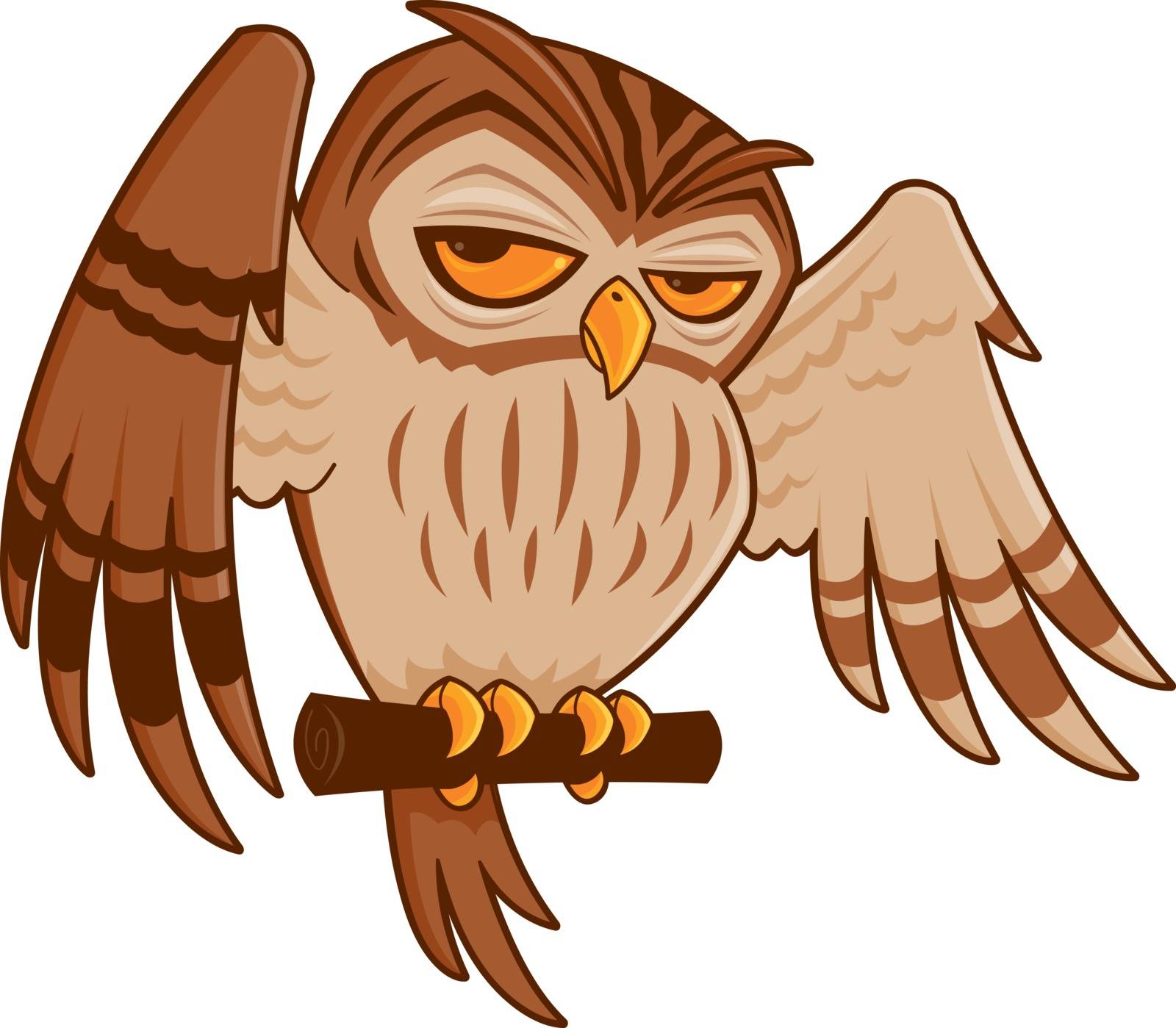 Vector cartoon illustration of a barred owl on a perch with his wings spread.