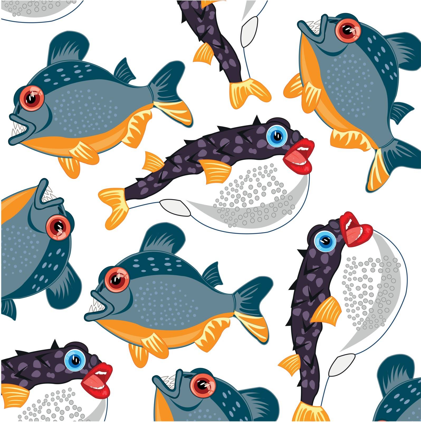 Vector illustration of the decorative background with dangerous and poisonous fish on white background