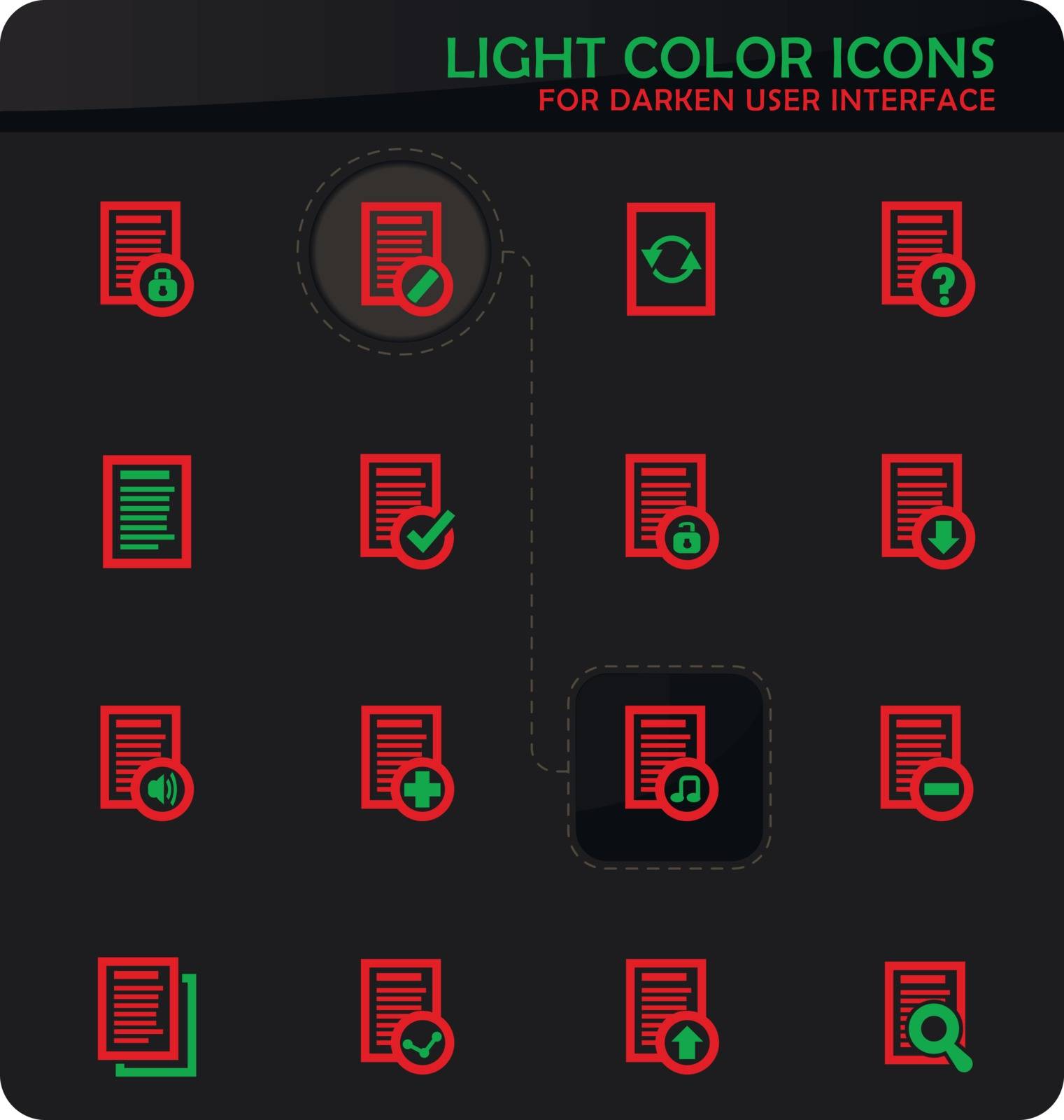 Documents easy color vector icons on darken background for user interface design