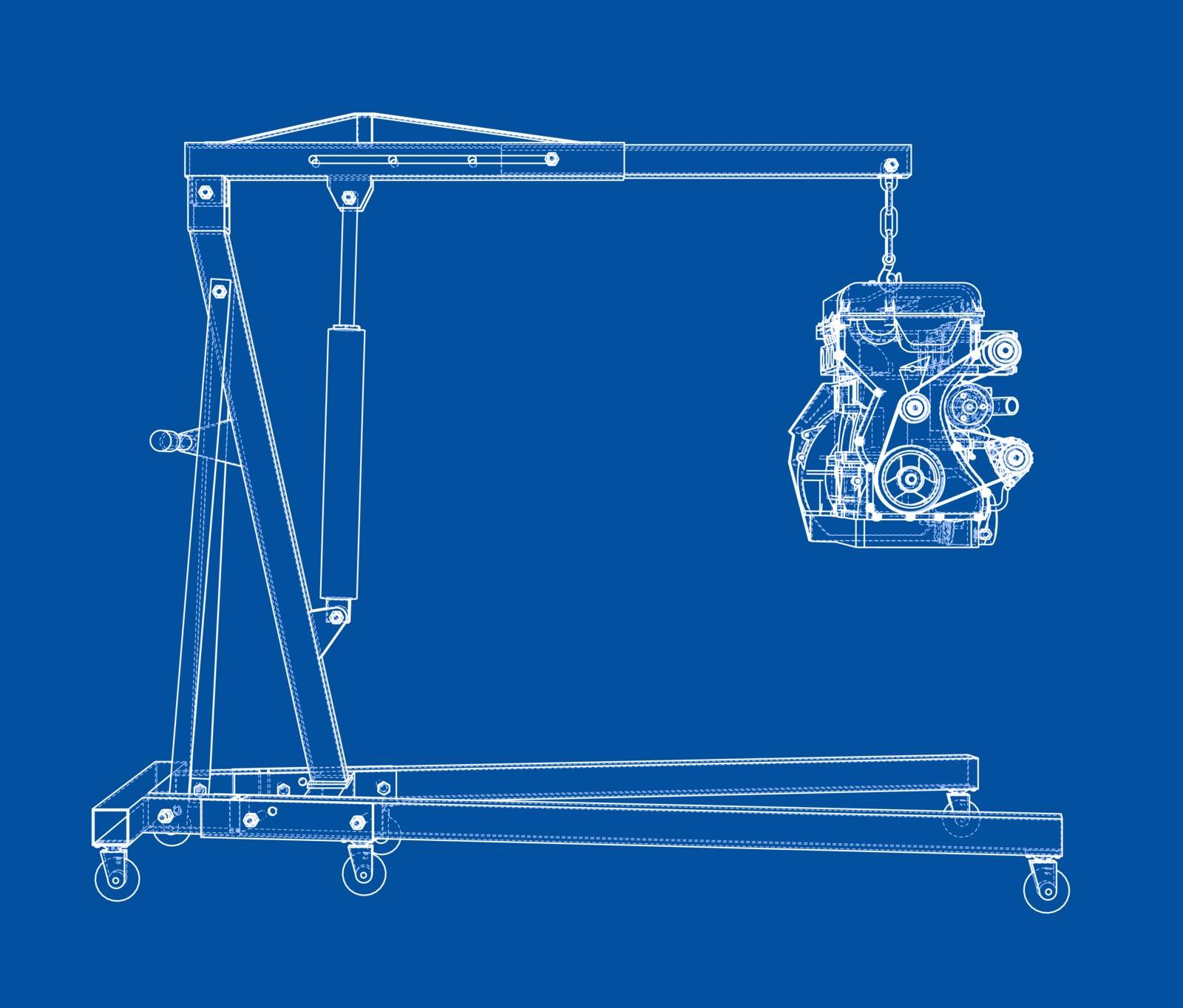 Engine hoist with engine outline. Vector rendering of 3d. Wire-frame style. The layers of visible and invisible lines are separated
