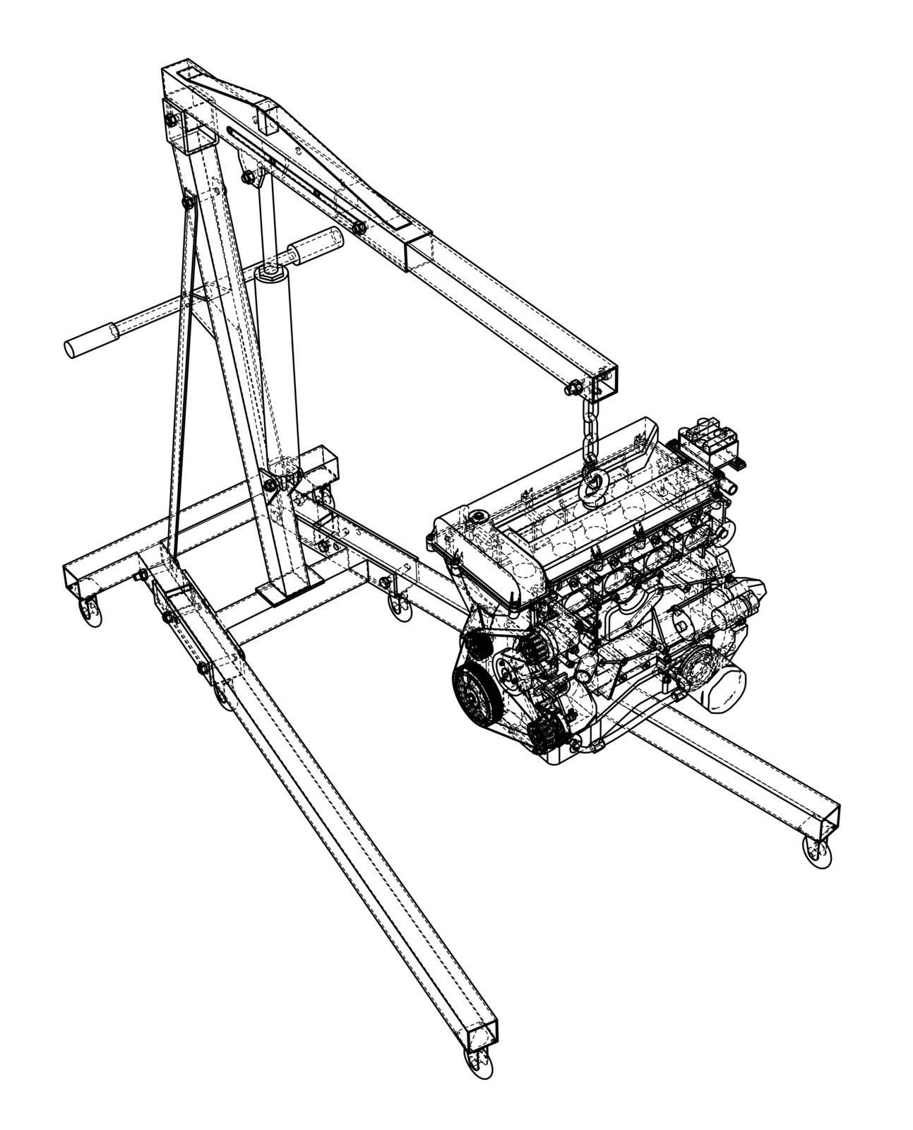 Engine hoist with engine outline. Vector rendering of 3d. Wire-frame style. The layers of visible and invisible lines are separated