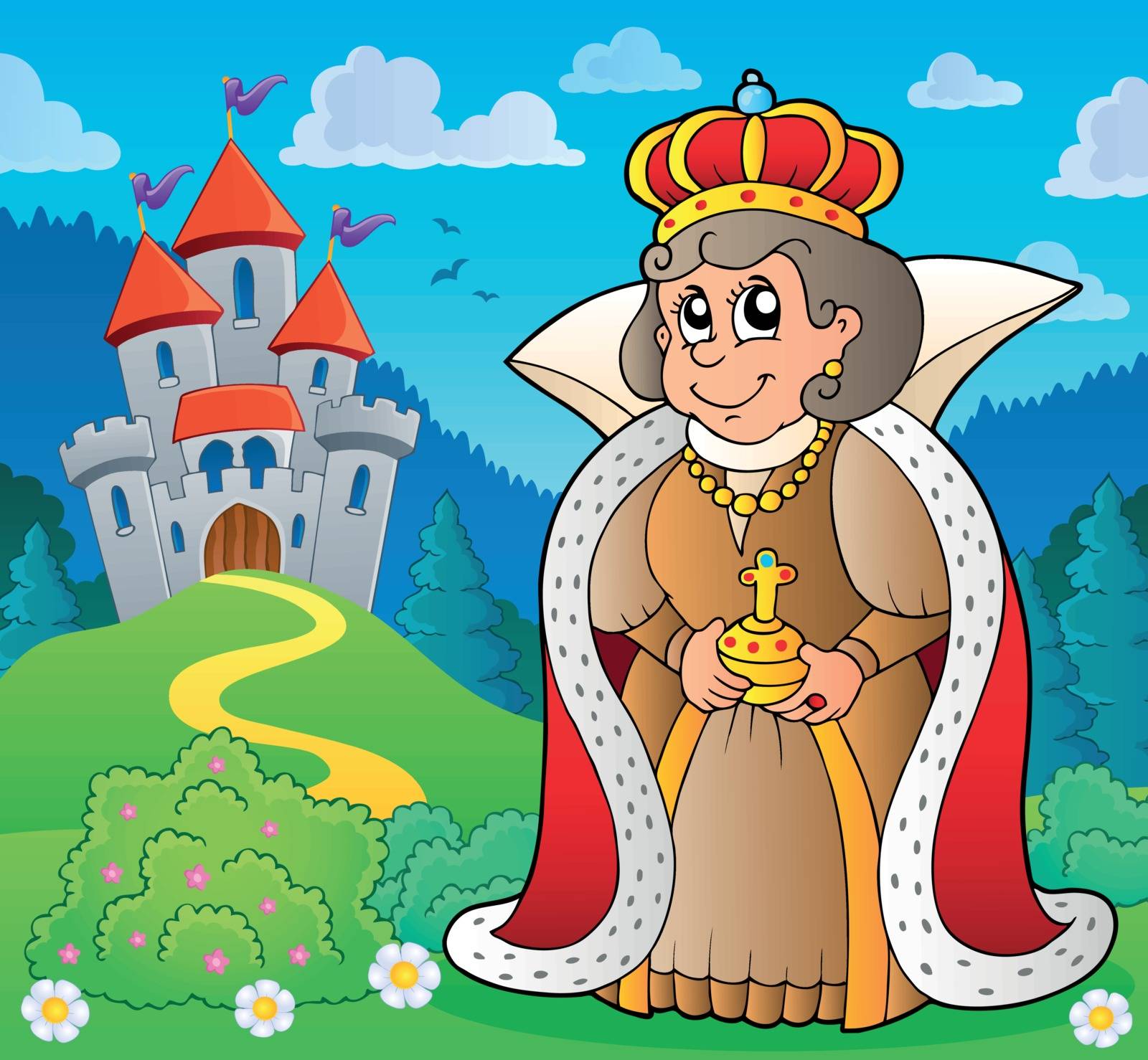 Happy queen near castle theme 4 - eps10 vector illustration.