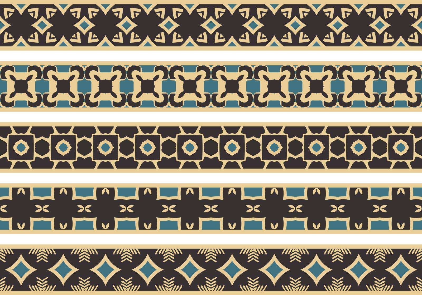 Set of five illustrated decorative borders made of abstract elements in beige, blue and black