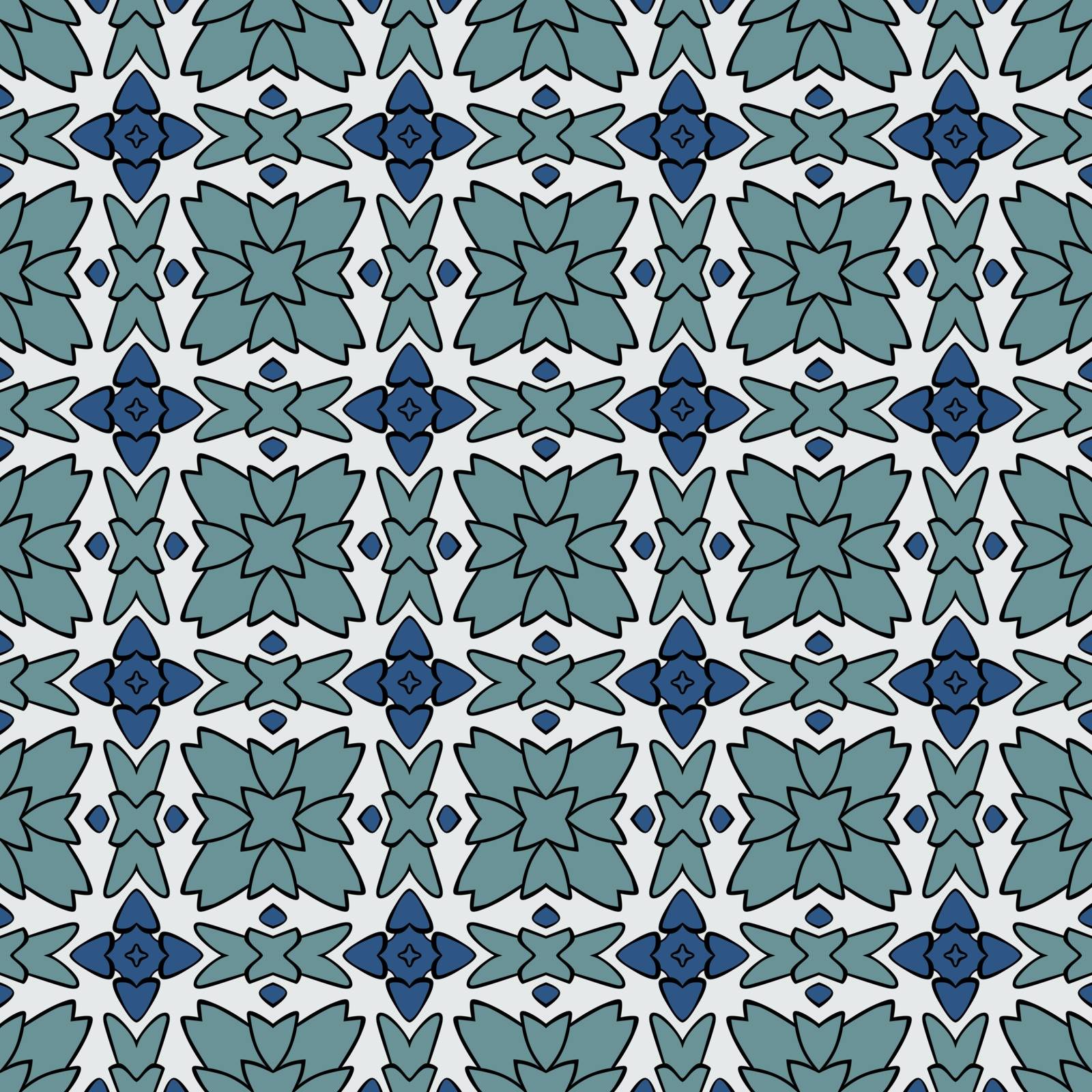 Seamless illustrated pattern made of abstract elements in white, turquoise, blue and black