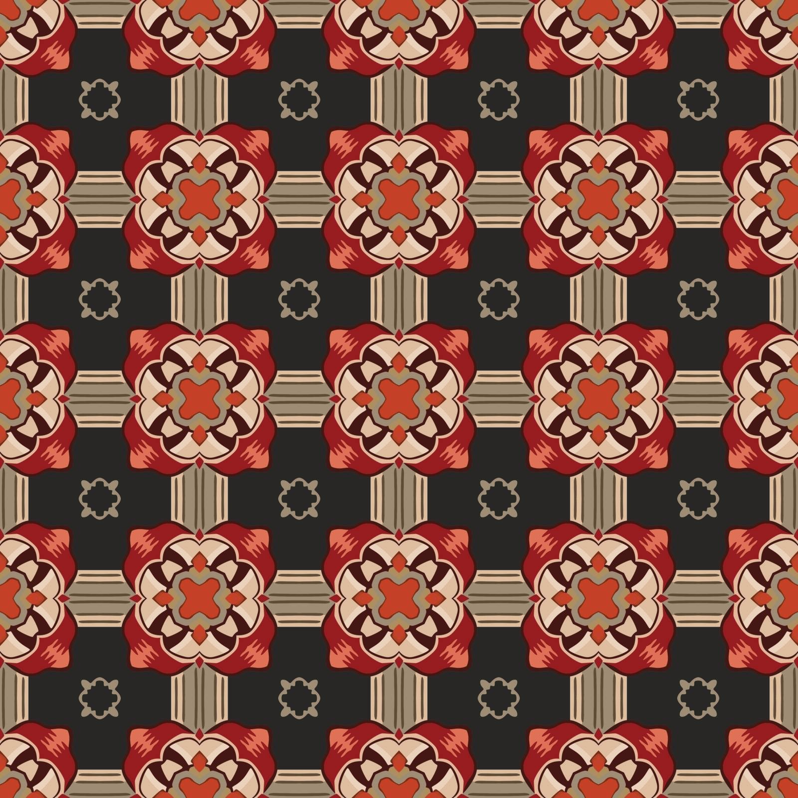 Seamless illustrated pattern made of abstract elements in beige, red, brown, gray and black