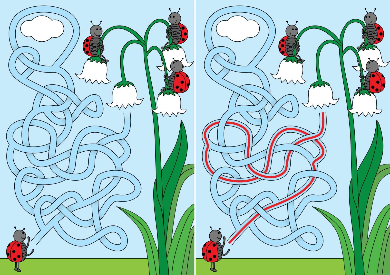 Ladybugs sitting on bell flower - maze for kids with a solution
