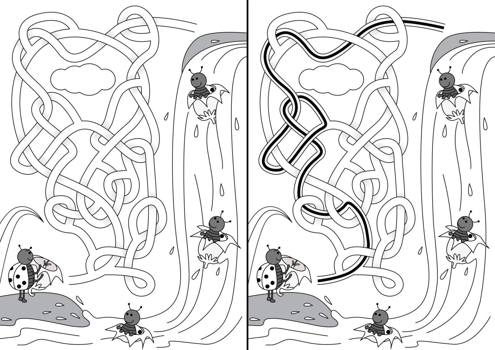 Ladybugs coming down a waterfall in flowers - maze for kids with a solution in black and white