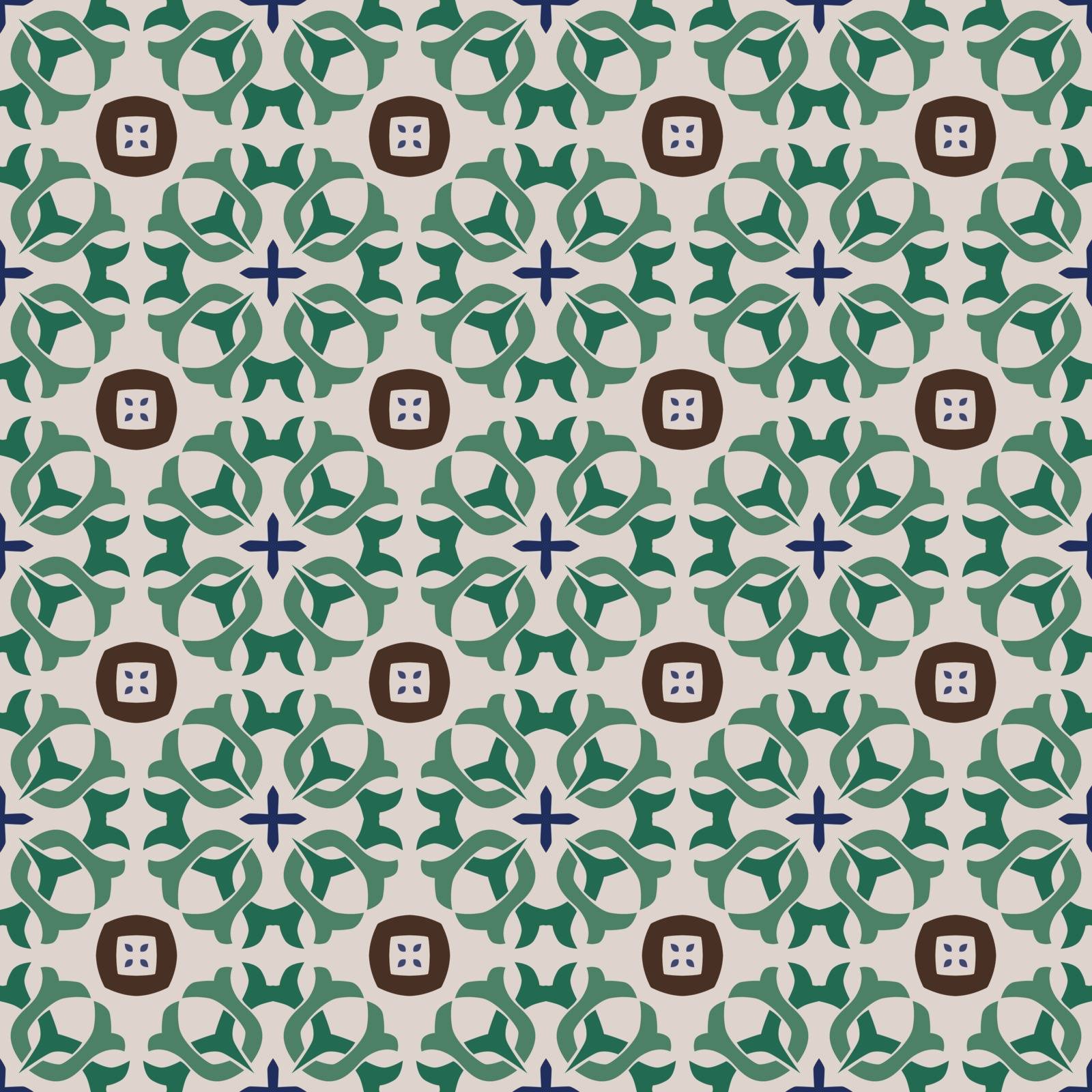 Seamless illustrated pattern made of abstract elements in beige,green, blue and brown