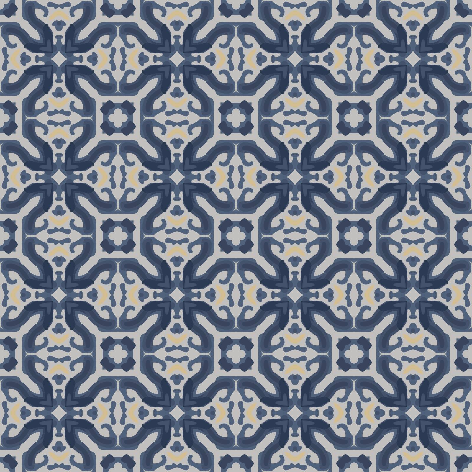 Seamless illustrated pattern made of abstract elements in white, yellow and blue