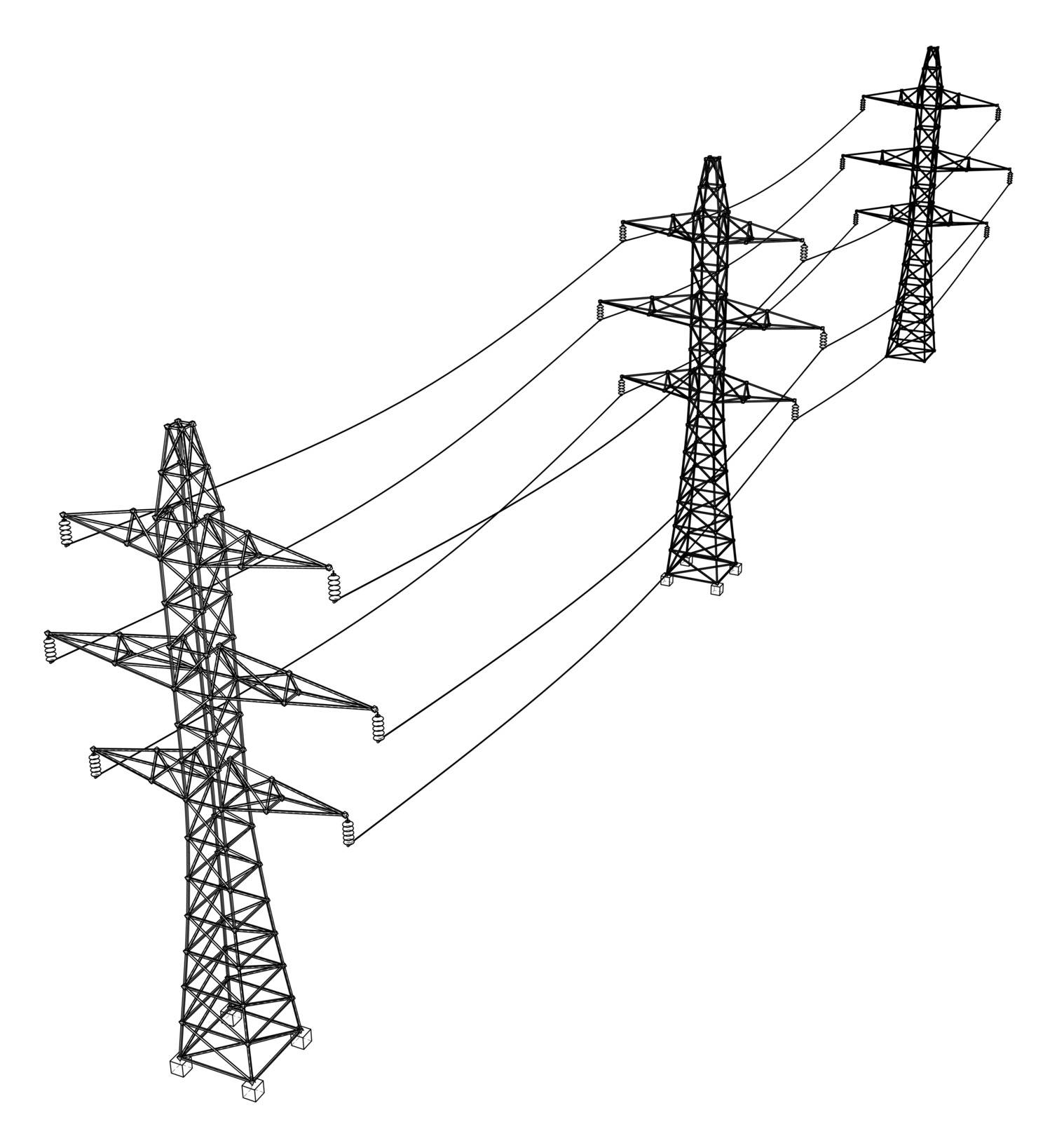Electric pylons or electric towers concept. Vector rendering of 3d. Wire-frame style. The layers of visible and invisible lines are separated