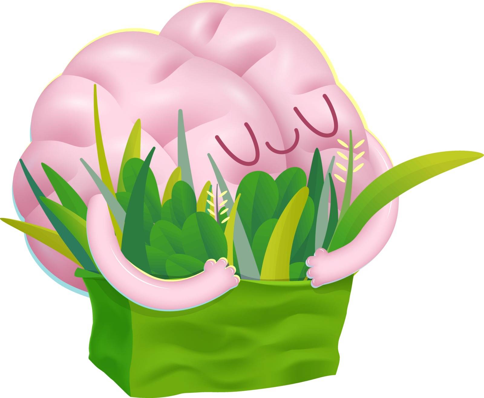 Feed your brain  - a vector  cartoon illustration of enjoining brain hugging a bag of greens. Part of a Brain collection.