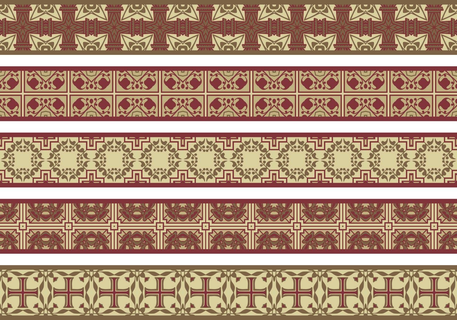 Set of five illustrated decorative borders made of abstract elements in yellow, dark red and brown