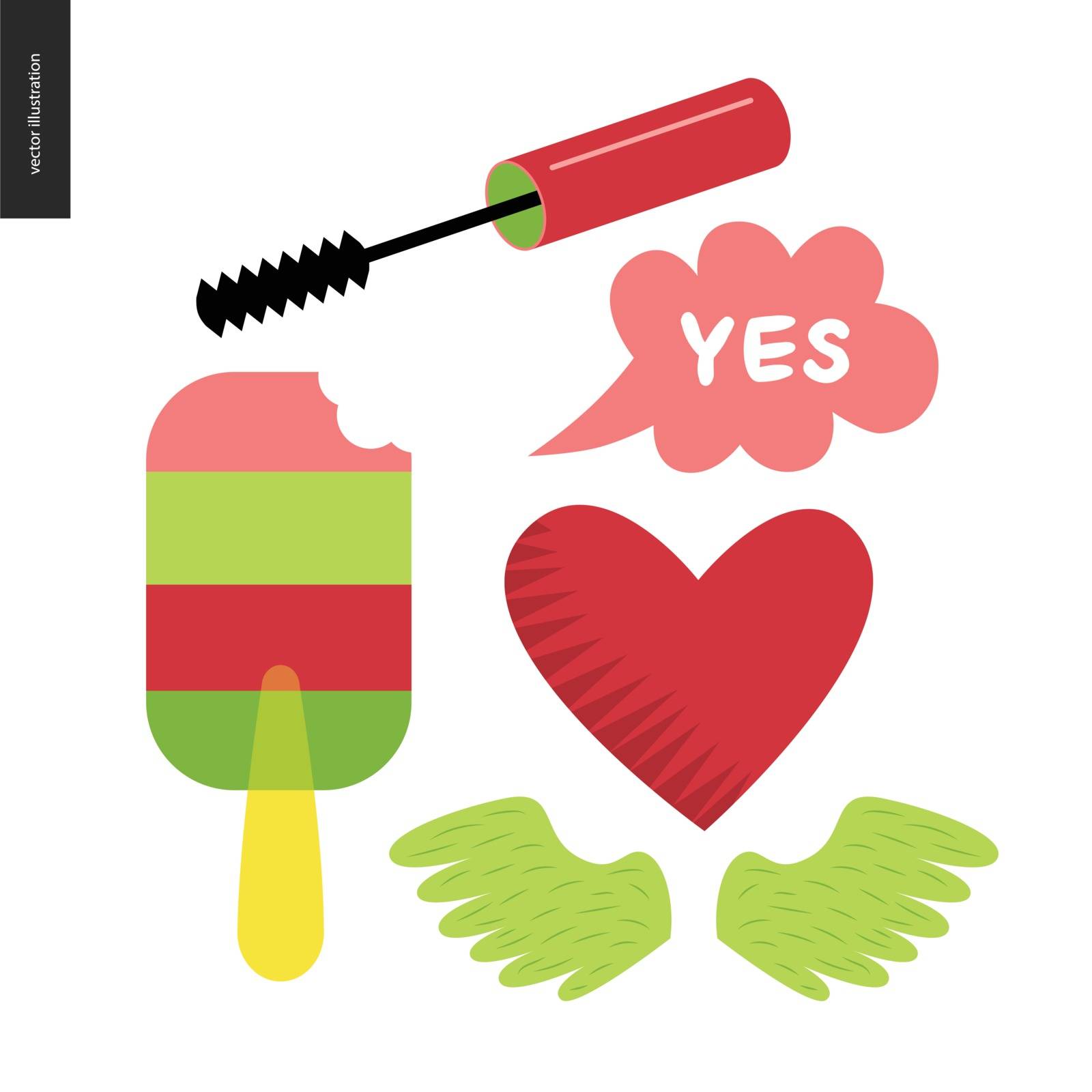 Girlish icons stickers set. Vector flat cartoon illustrated icons of few girl elements - masara brush, transparent popsicle, heart, a pare of wings and lettering Yes bubble.