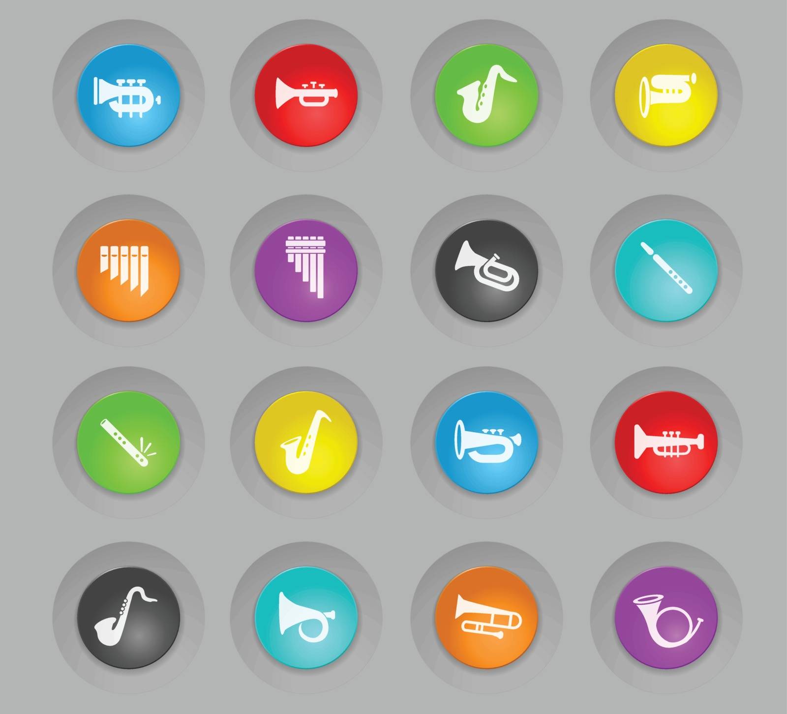 wind instruments colored plastic round buttons web icons for user interface design