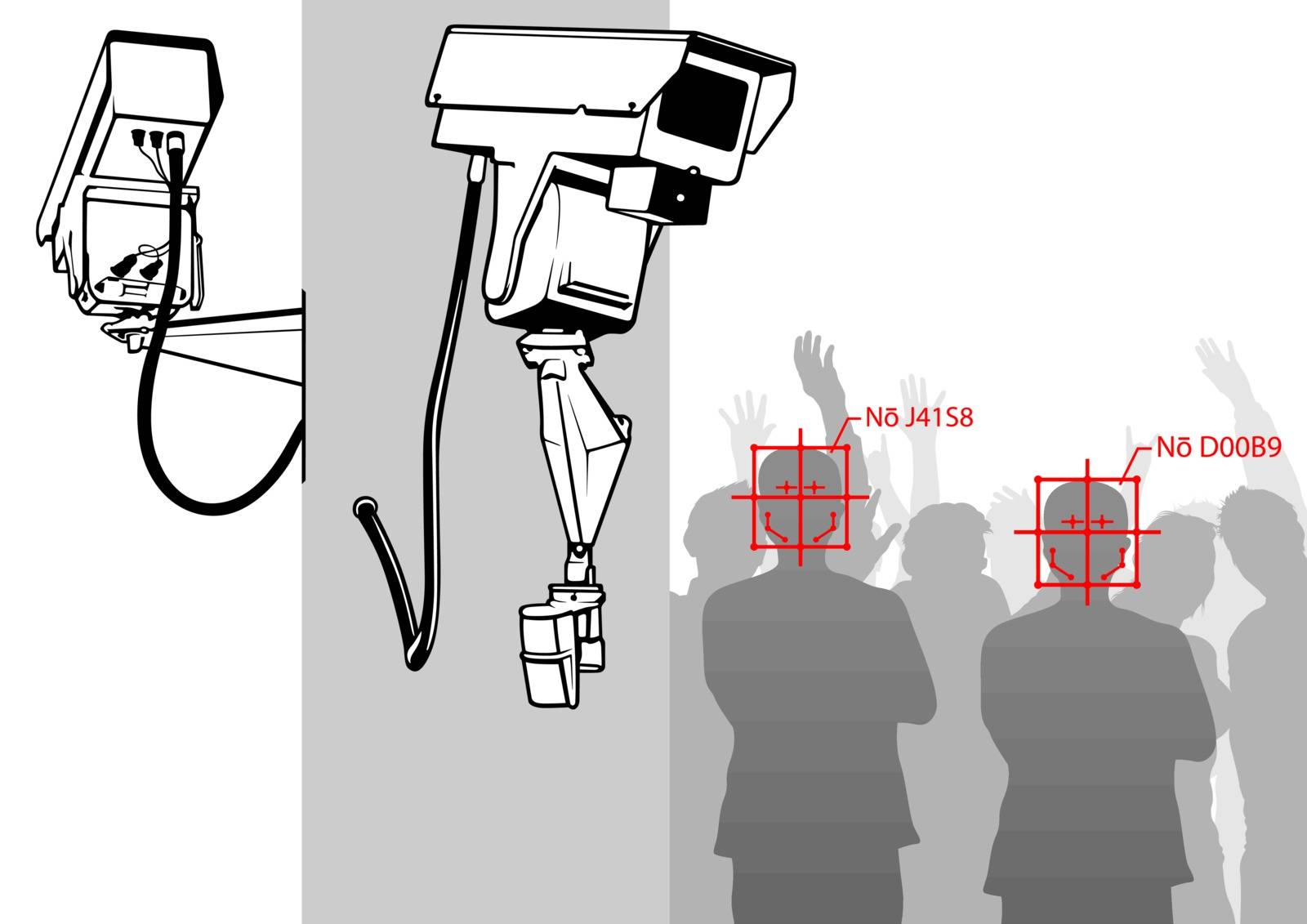 Face Detection with Camera System - CCTV Surveillance Security Camera Video Equipment on Pole Outdoor Building Safety System Area Control - Vector Illustration