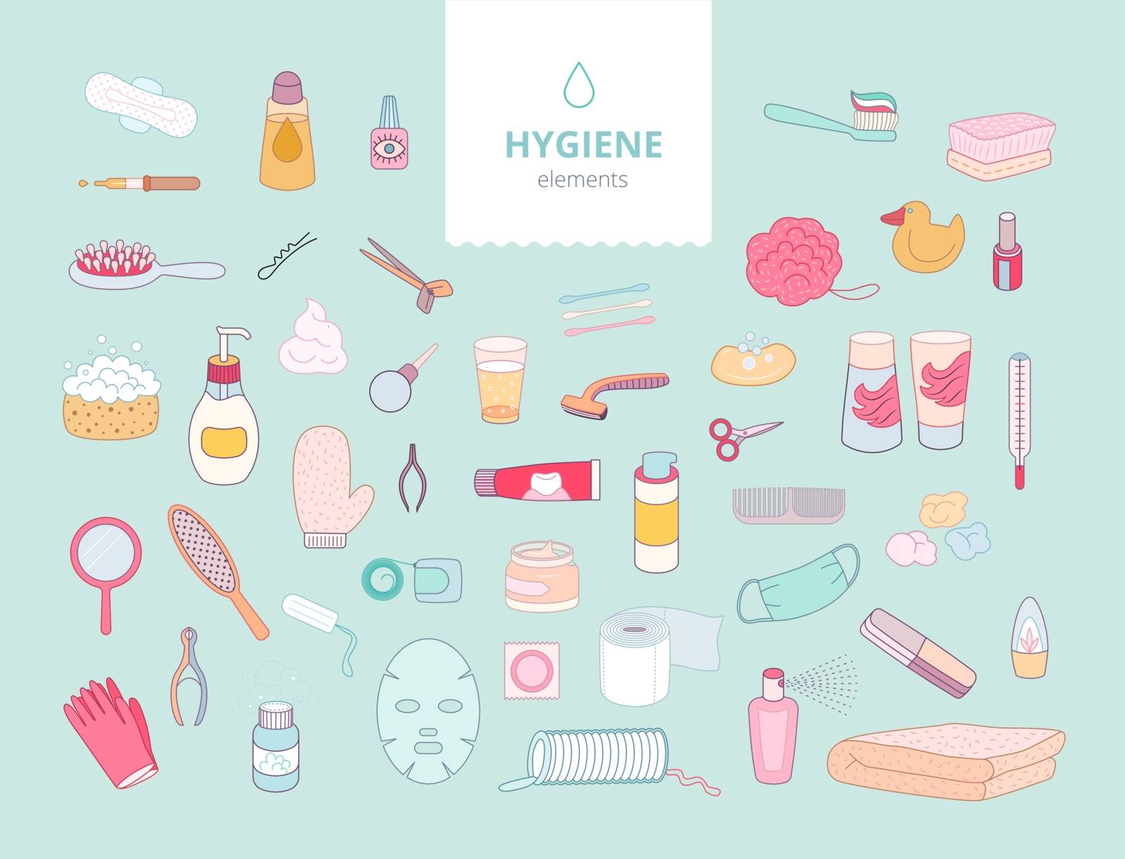 The set of hygiene elements on green background, flat cartoon vector illustration