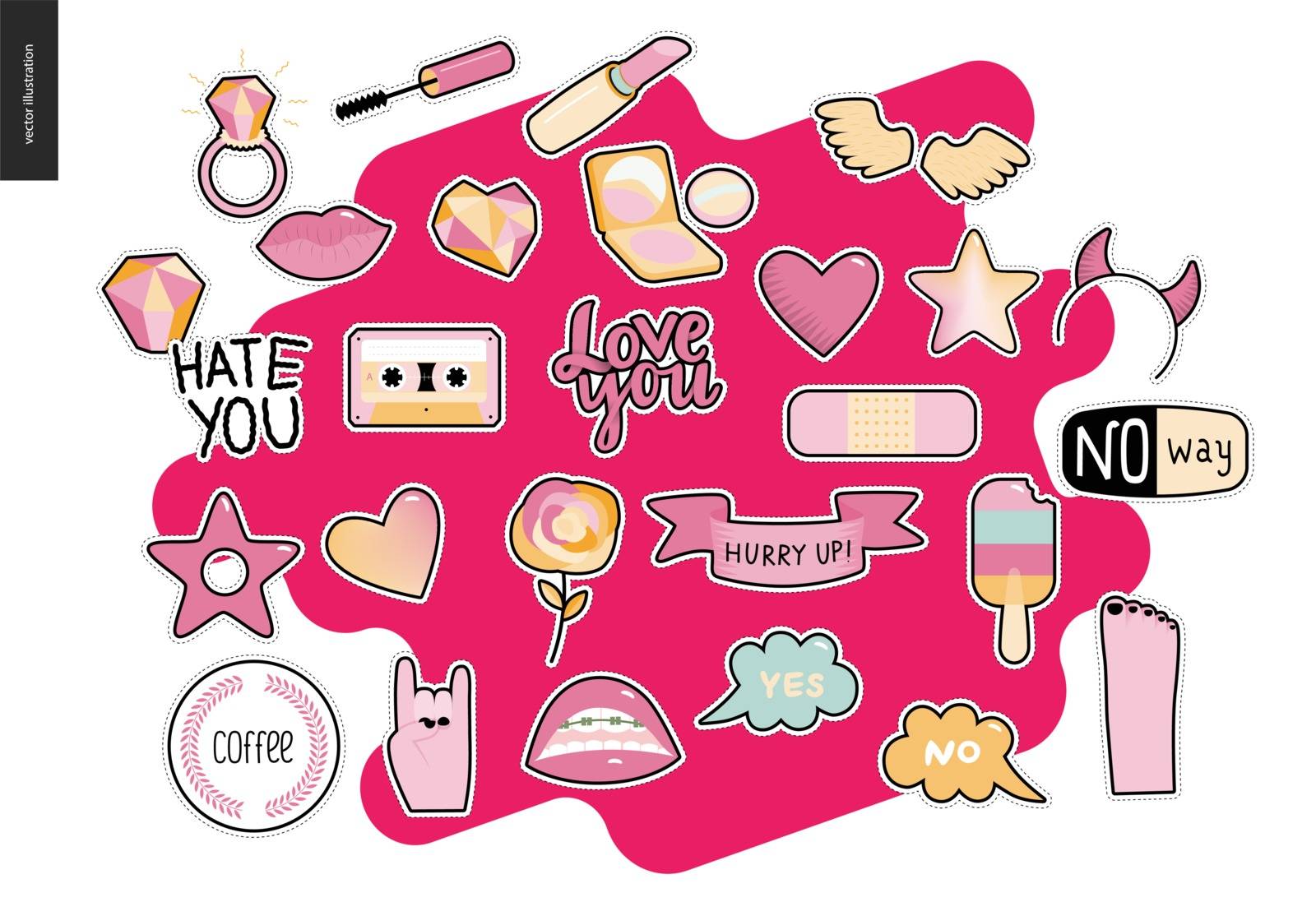 Set of contemporary girlish patches elements. A set of vector girl stuff including cosmetics, lips, hands, hearts, stars, wings, and few writings. Vector stickers kit.