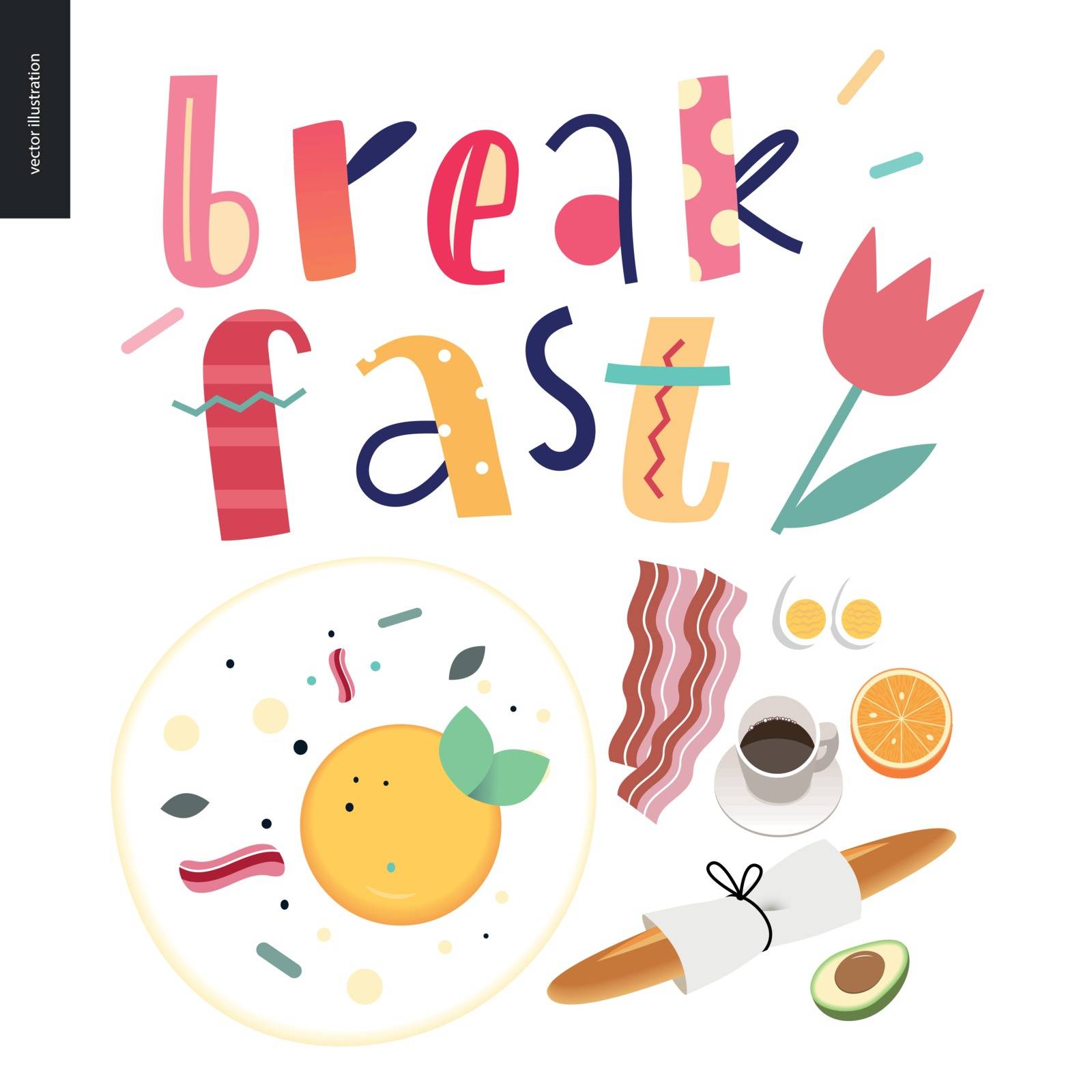 Love, spring, breakfast Lettering composition and a set of breakfast meal