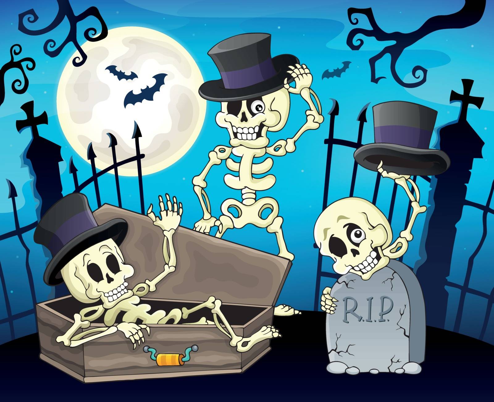 Skeletons near cemetery gate - eps10 vector illustration.