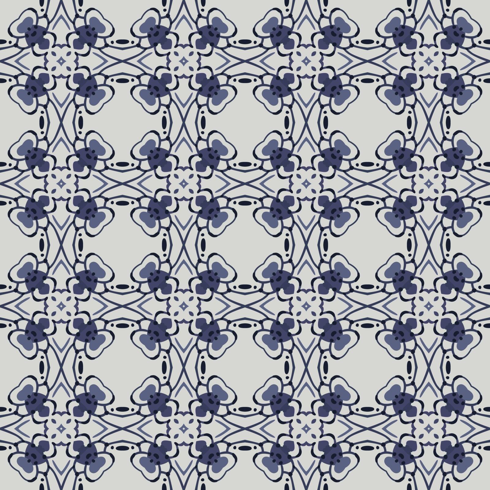Seamless illustrated pattern made of abstract elements in white and blue