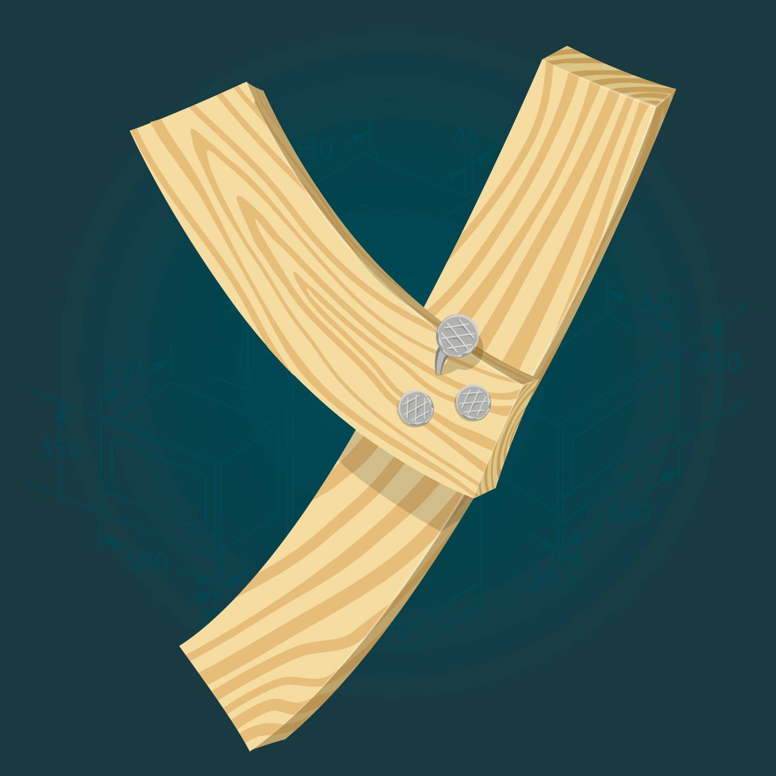 Letter Y - stylized vector font made from wooden planks hammered with iron nails.