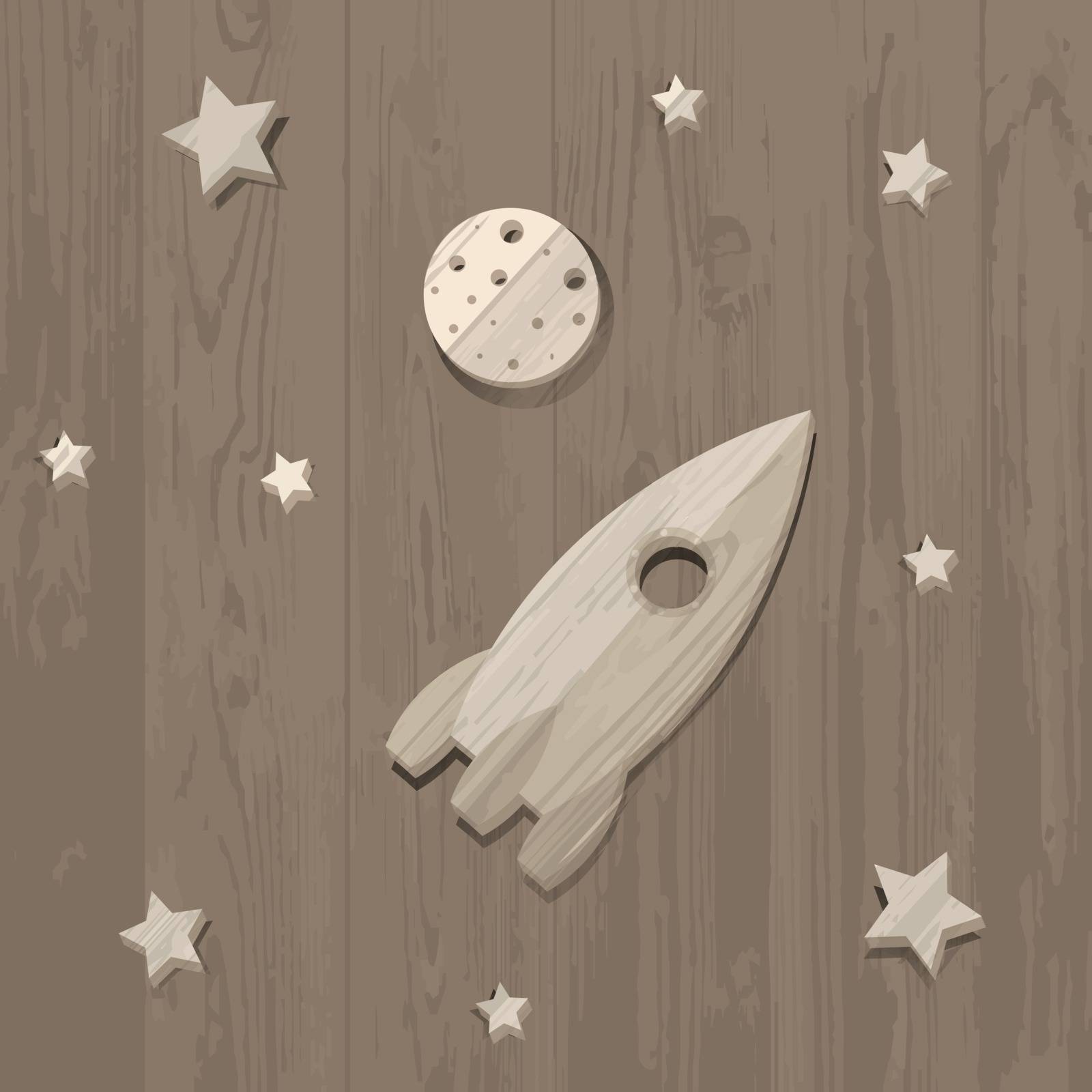 wooden rocket, moon and stars on wooden background 10 eps