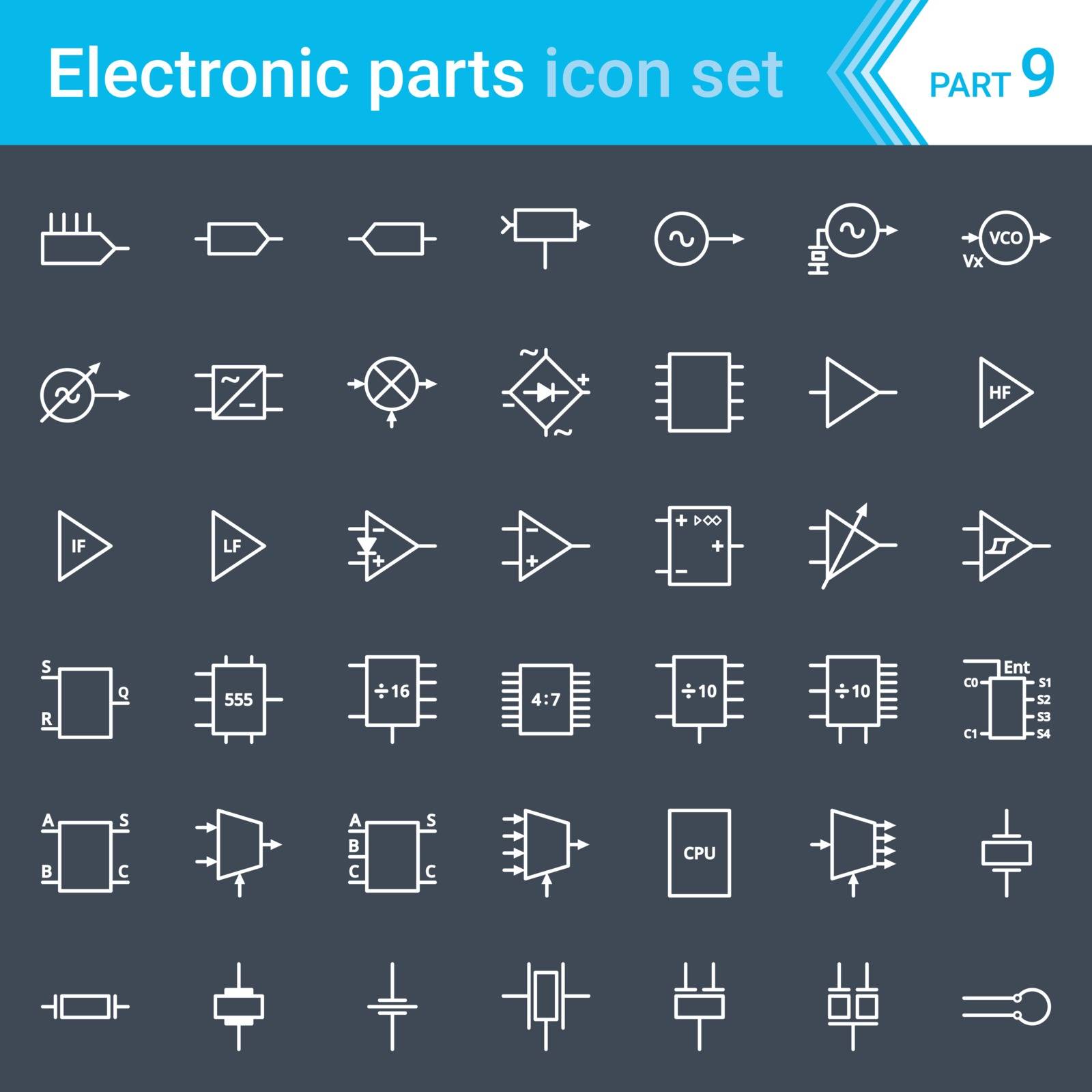 Complete vector set of electric and electronic circuit diagram symbols and elements - circuitry, blocks, stages, amplifier, logic circuits, piezoelectric crystals and crystal oscillators