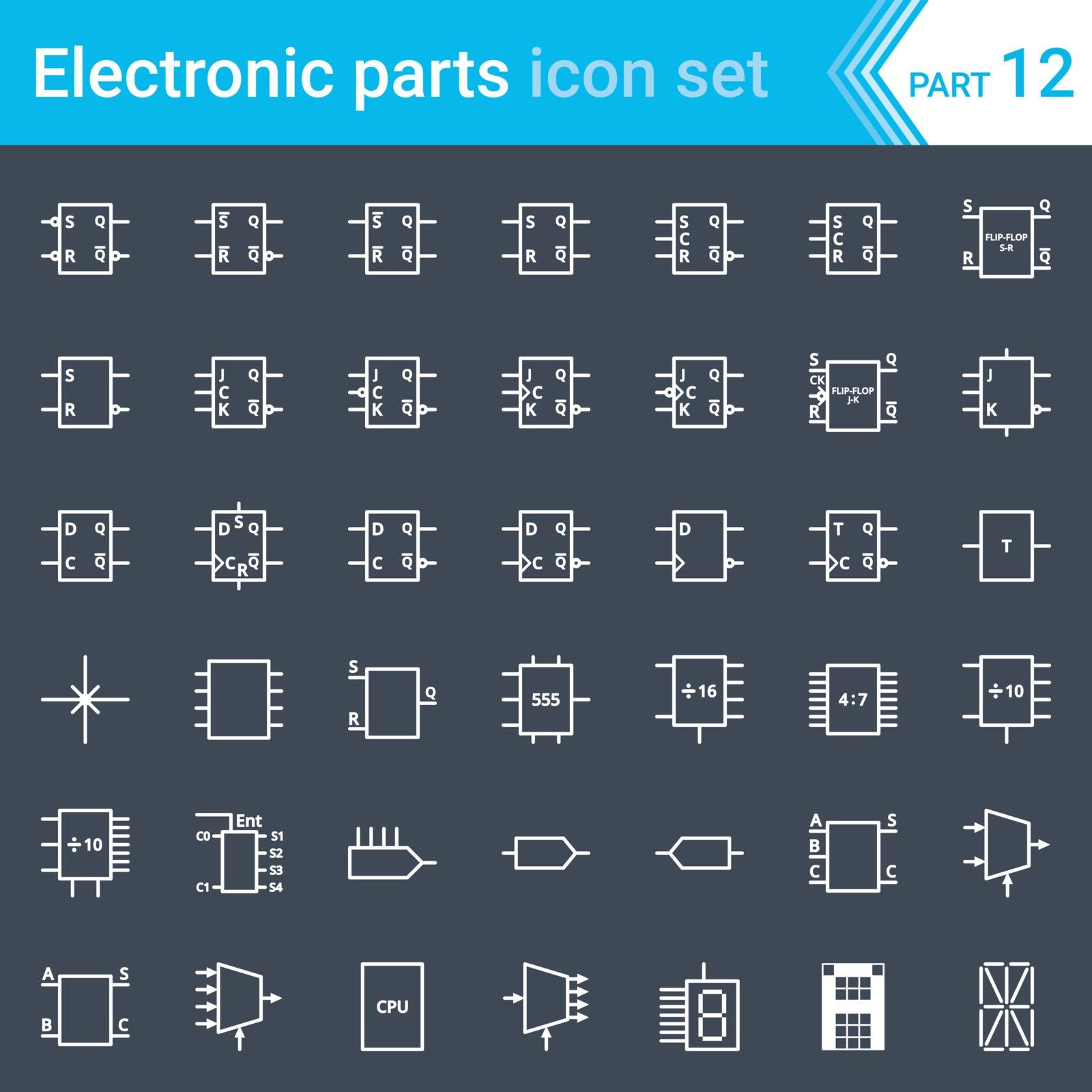 Electric and electronic icons, electric diagram symbols. Digital electronics, flip-flop, logic circuit, display, programming conventions. by vermicule