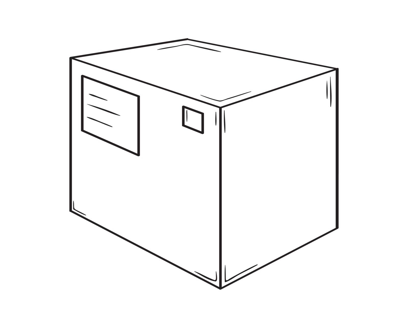 Small closed box. Sketch of the paper or cardboard package with address ticket and post mark.