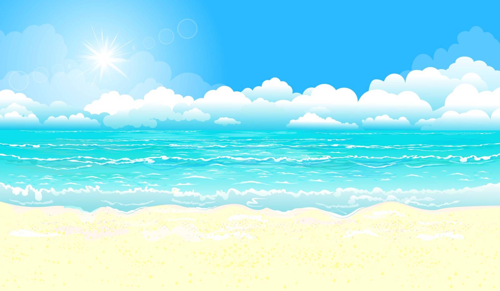 Landscape of the tropical coast. Sea shore landscape. Ocean, sky, sun and sand.
