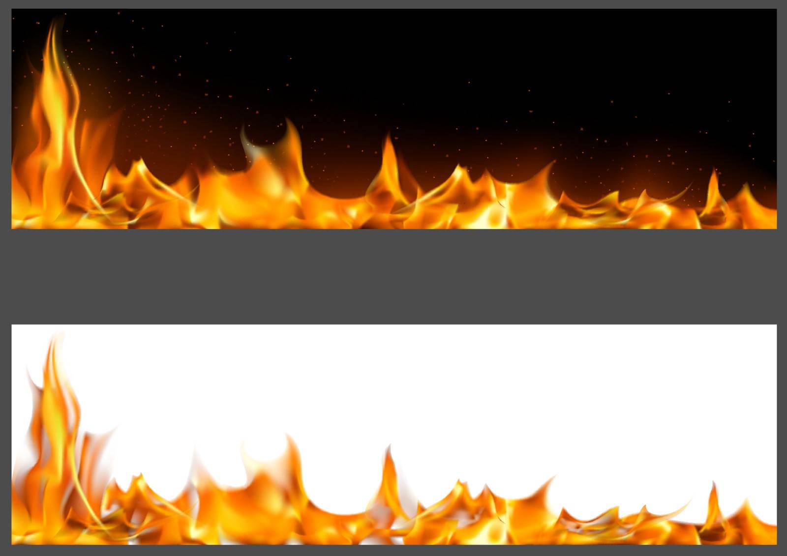 Realistic Fire Flames on Banners - Two Graphic Variants with Black and White Backgrounds, Vector Illustration
