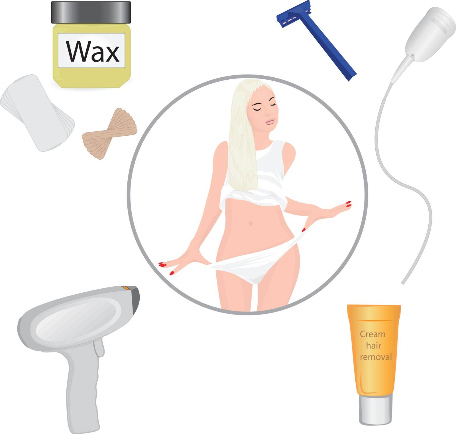 Hair removal methods and its result on a girl's body vector illustration