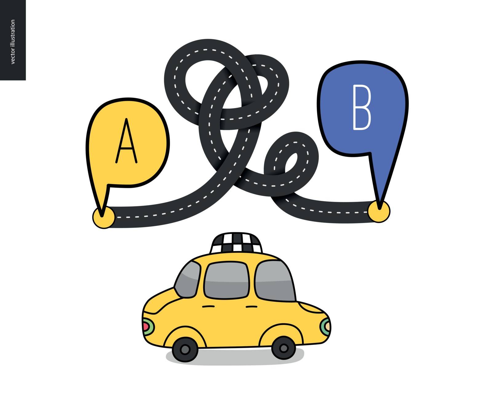 From point A to point B - an asphalt road loop connecting two points - concept of a math transport problem solution and an yellow taxi cab