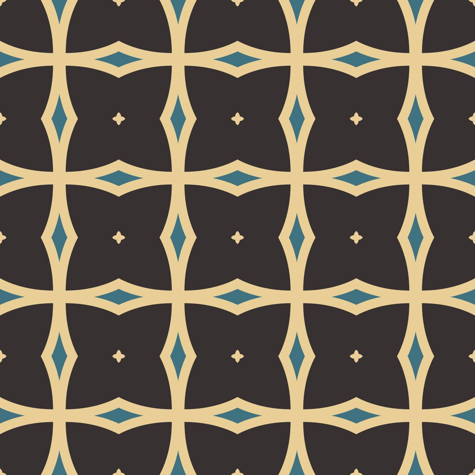 Seamless illustrated pattern made of abstract elements in beige, blue and black
