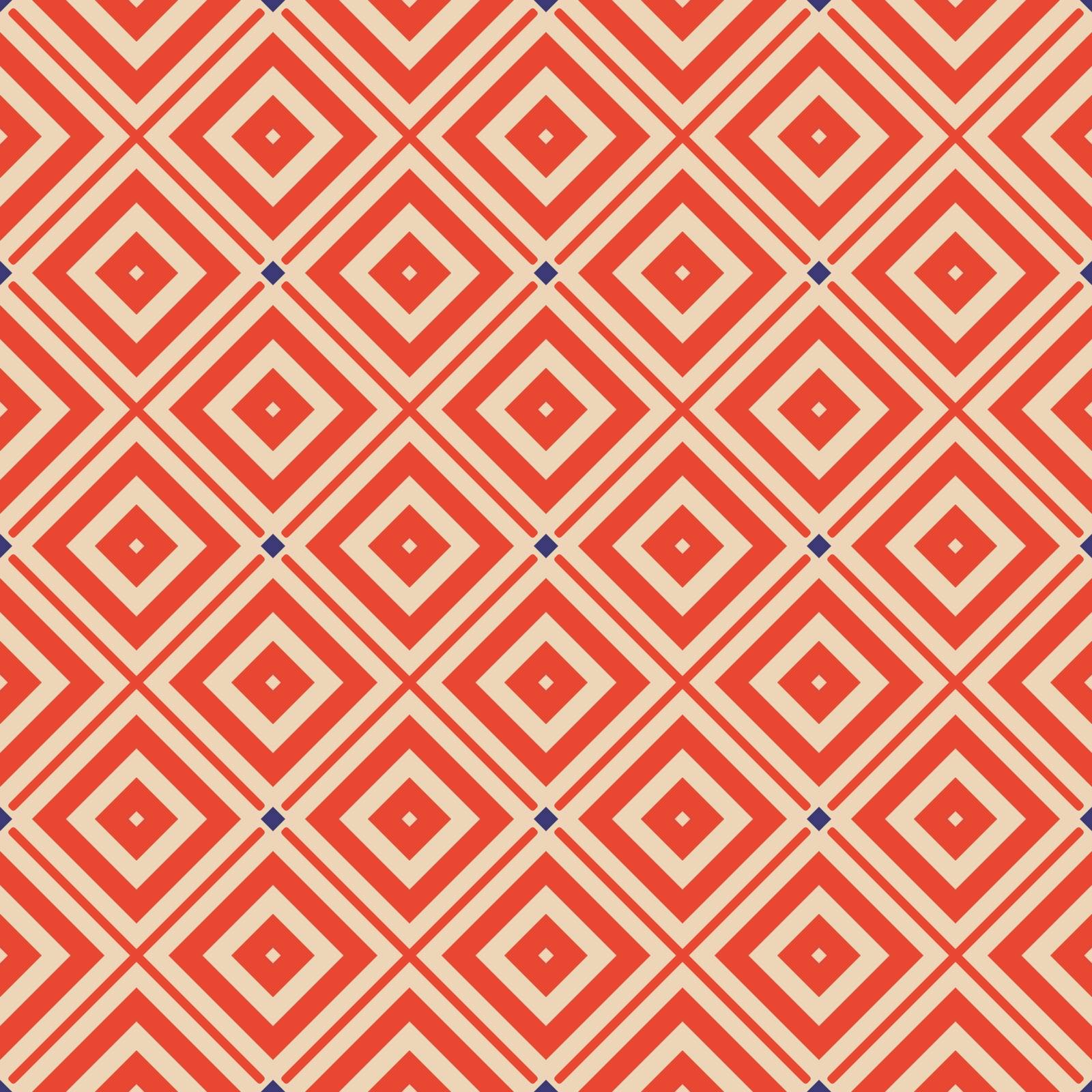 Seamless illustrated pattern made of abstract elements in beige, red and blue