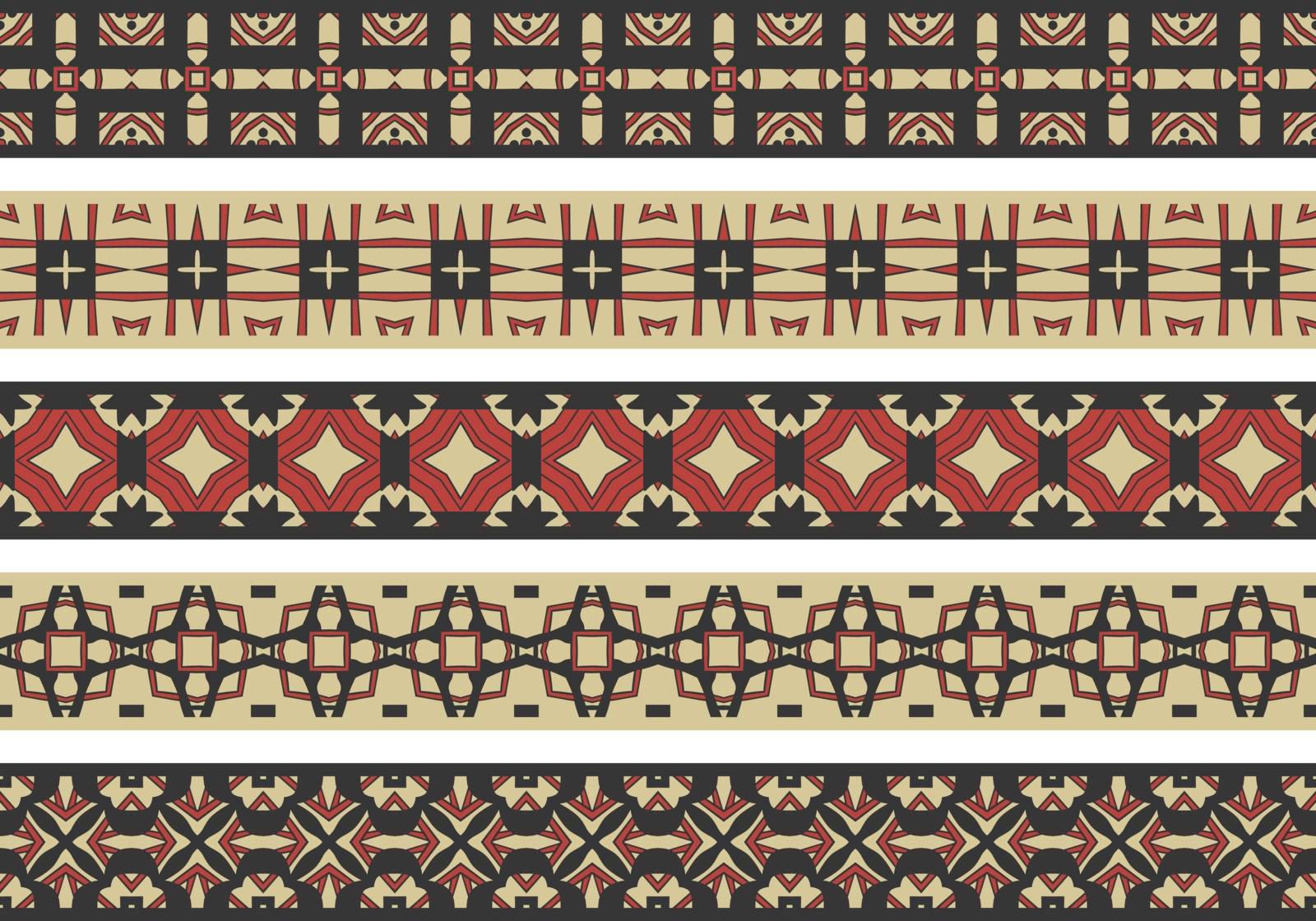 Set of five illustrated decorative borders made of abstract elements in beige, red and black