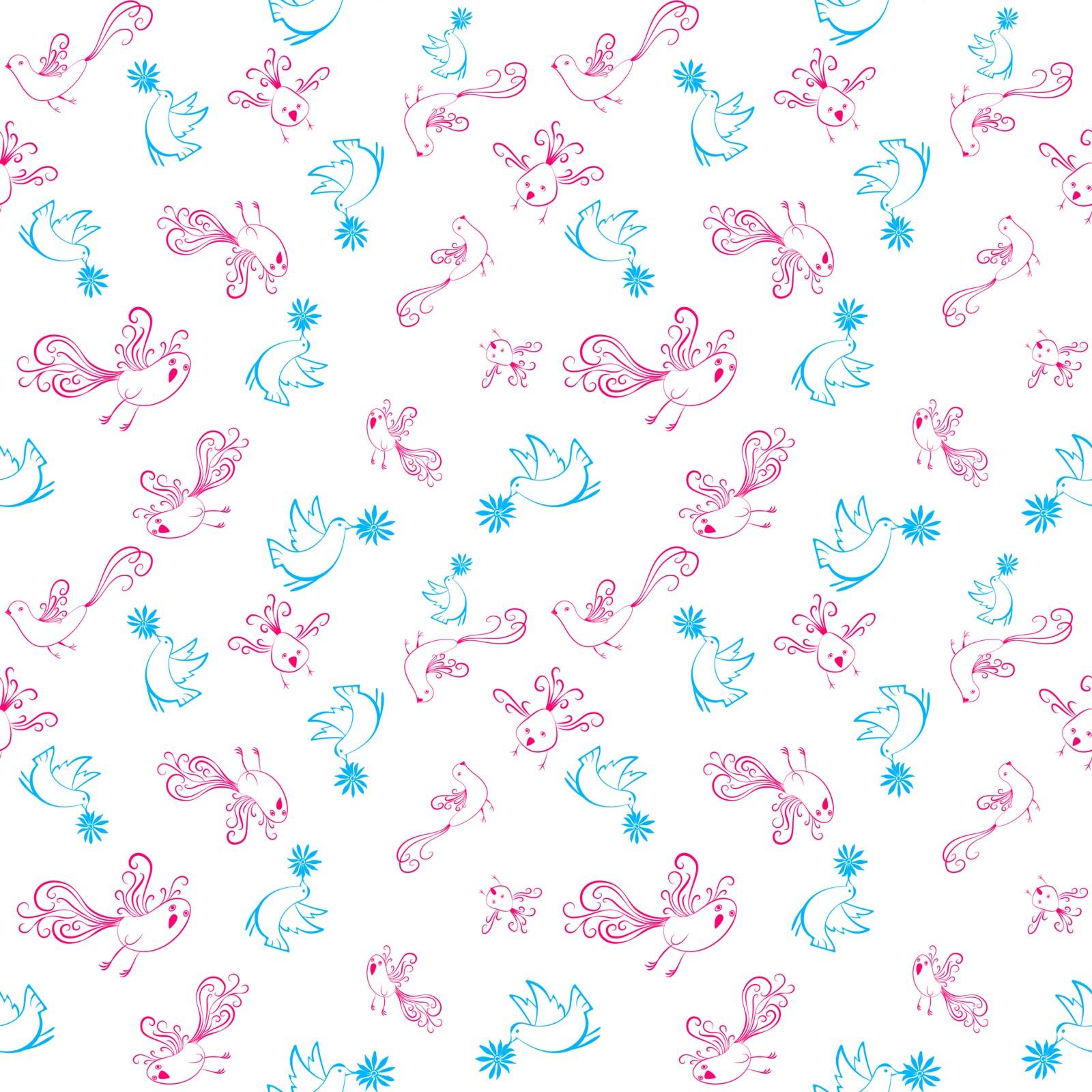 Vector seamless pattern with birds and flowers. Hand drown pattern for wedding and kids design, for wrapped paper or textile background. Cartoon style.