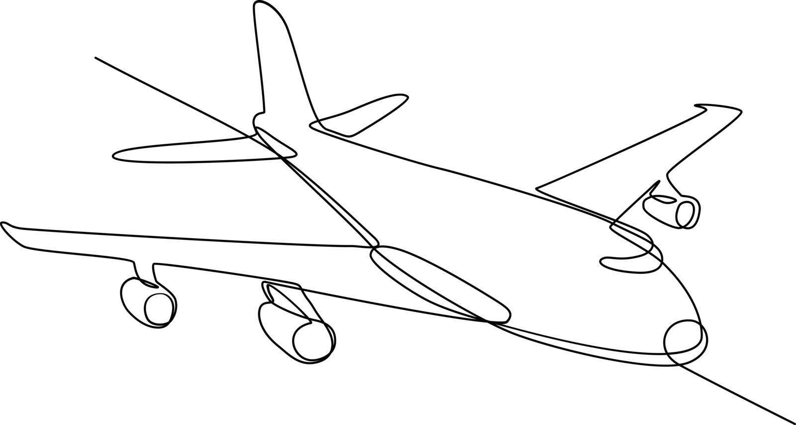 Continuous line illustration of jumbo jet passenger plane airliner or airplane flying in full flight in mid-air done in black and white monoline style.
