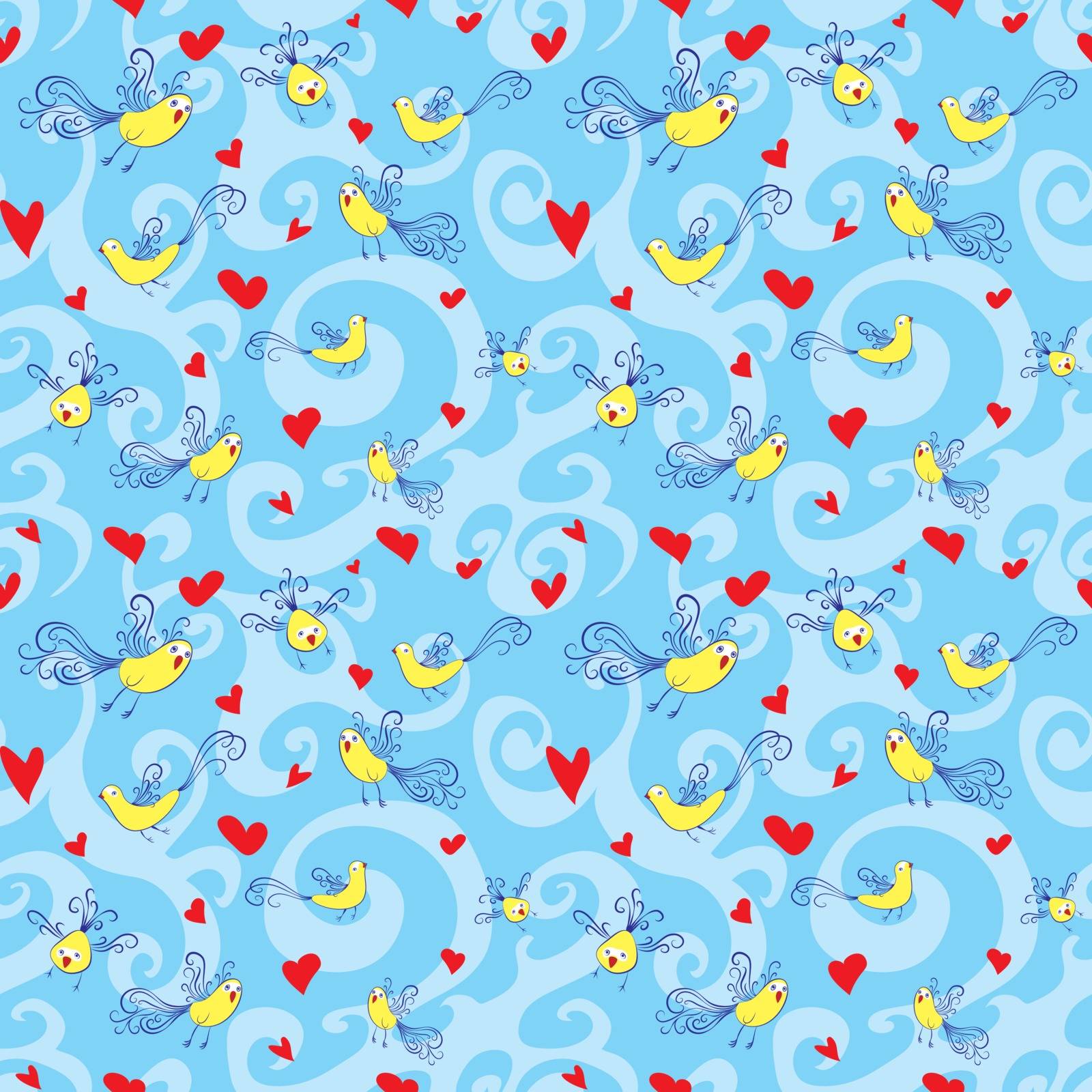 Vector seamless pattern with birds and hearts. Hand drown pattern for wedding and kids design, for wrapped paper or textile background. Cartoon style.