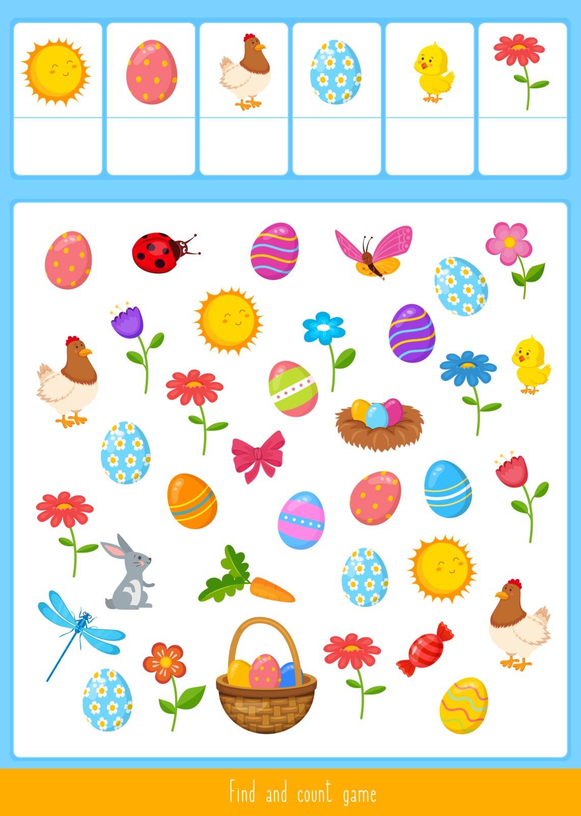 Educational children game, vector illustration.  Easter found and count.
